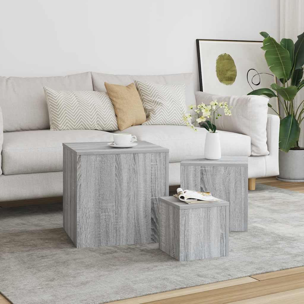 Mesas auxiliares, 3 unidades, color gris, madera Sonoma, mesa de salón, mesa de centro, mesita de noche con estante para sofá, dormitorio, pasillo, balcón, decoración, lámpara, libro