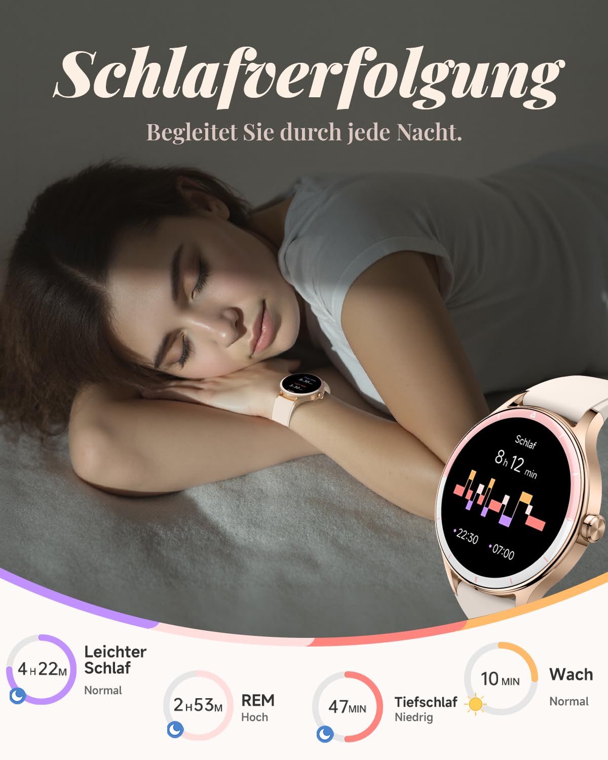 TOOBUR Smartwatch Damen, 40mm Rund Schrittzähler Uhr, 100+ Sportmodi, Beige | Fitness Uhr für Alltag, Smart Watch Android & iOS Kompatibel, Telefonfunktion mit AnrAufe, IP68 Wasserdicht