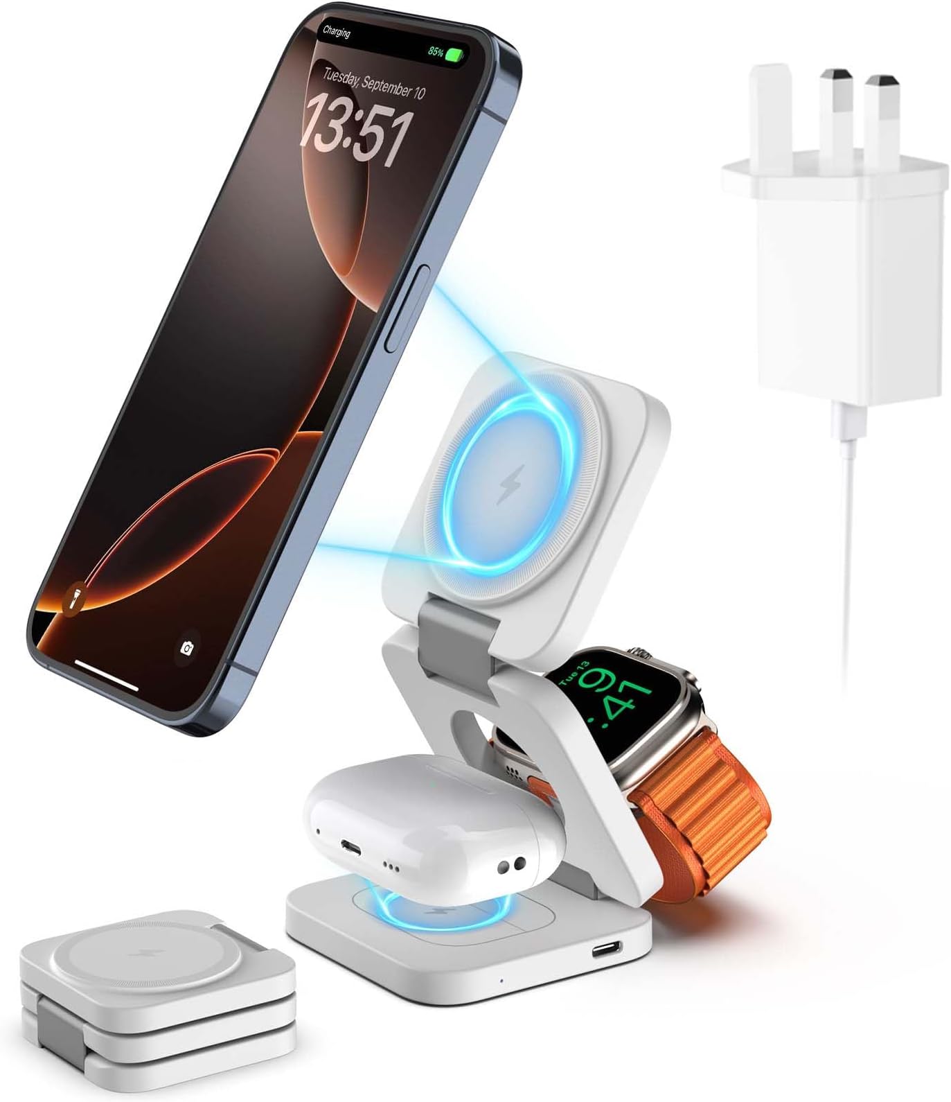 KU XIU Foldable 3 in 1 Wireless Charging Station for Apple, Magnetic Wireless Charger, Travel Fast Charger Stand for iPhone 16/15/14/13, for Watch 10/9/Ultra2/Ultra/8/7/6/SE/5/4, for AirPods 4/3/2/Pro