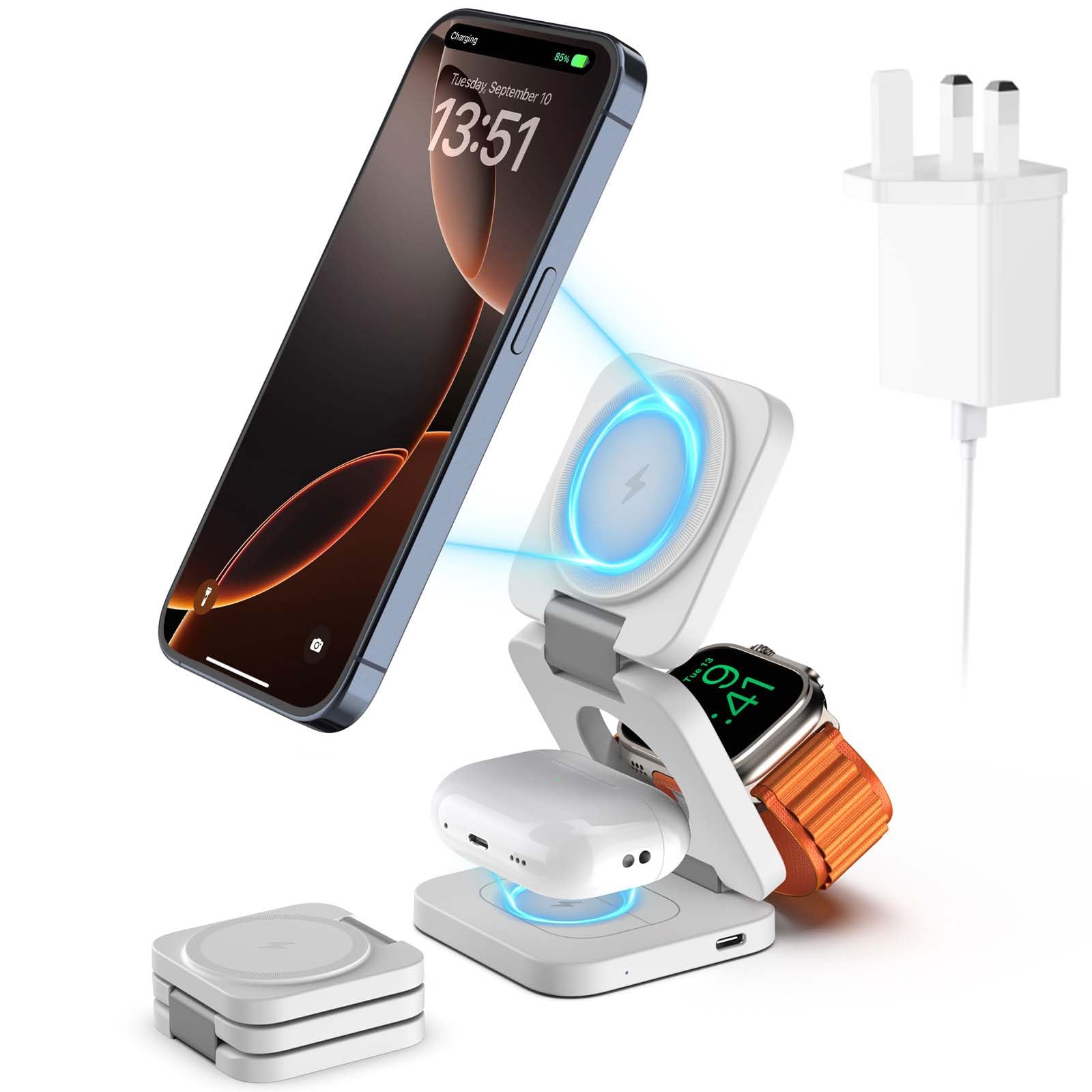 Foldable 3 in 1 Wireless Charging Station for Apple, Magnetic Wireless Charger, Travel Fast Charger Stand for iPhone 16/15/14/13, for Watch 10/9/Ultra2/Ultra/8/7/6/SE/5/4, for AirPods 4/3/2/Pro