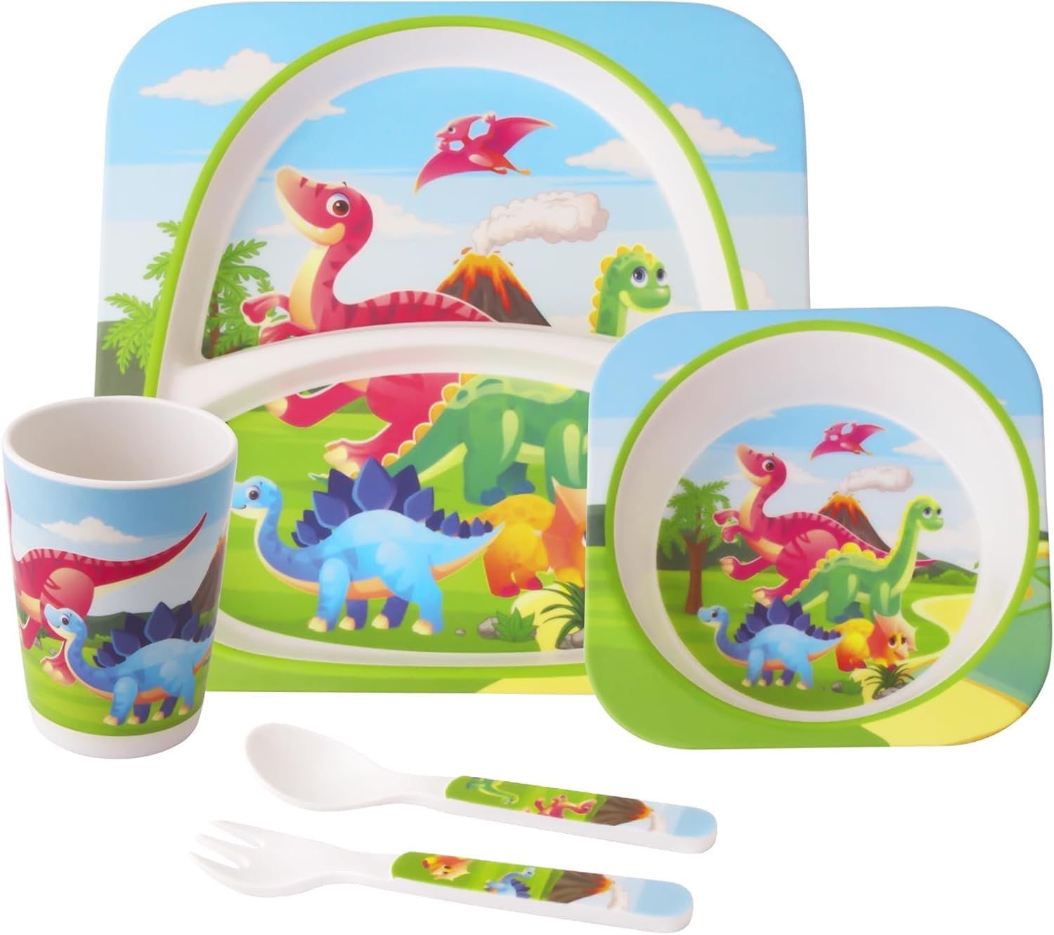 IndusBay® 5 Pieces Bamboo Kids Dinnerware Set, Eco Friendly Toddler Plates BPA Free Food Plate Bowl Cup Spoon Fork Set Dishware Sets - Dino Theme, Green-image-15
