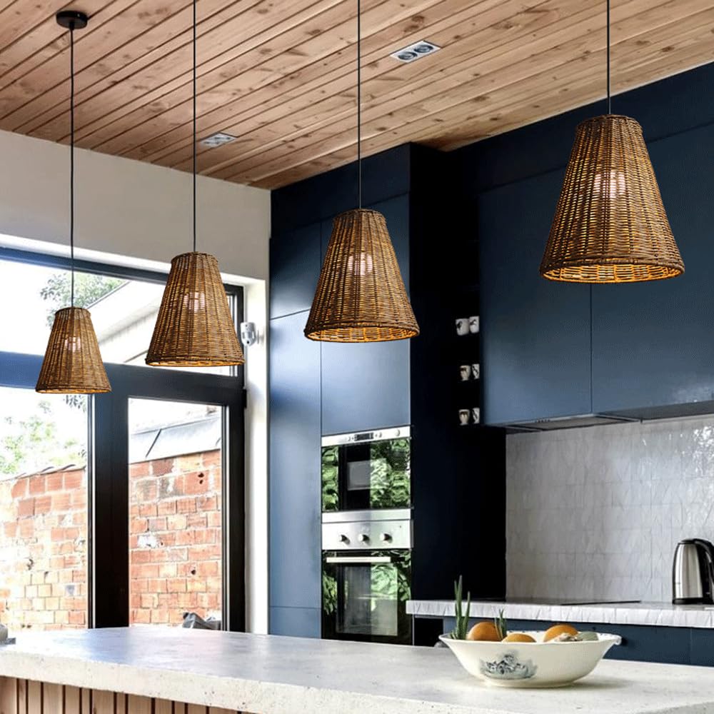 Wiklinowa Lampa Wisząca E27 Lampy Wiszące Rattanowa Lampa Wisząca Wiklinowy Tkany Kosz Abażur, Farmhouse Industrial Boho Sufitowa Oprawa Oświetleniowa Do Salonu Wyspa Kuchenna CJSLXGBL