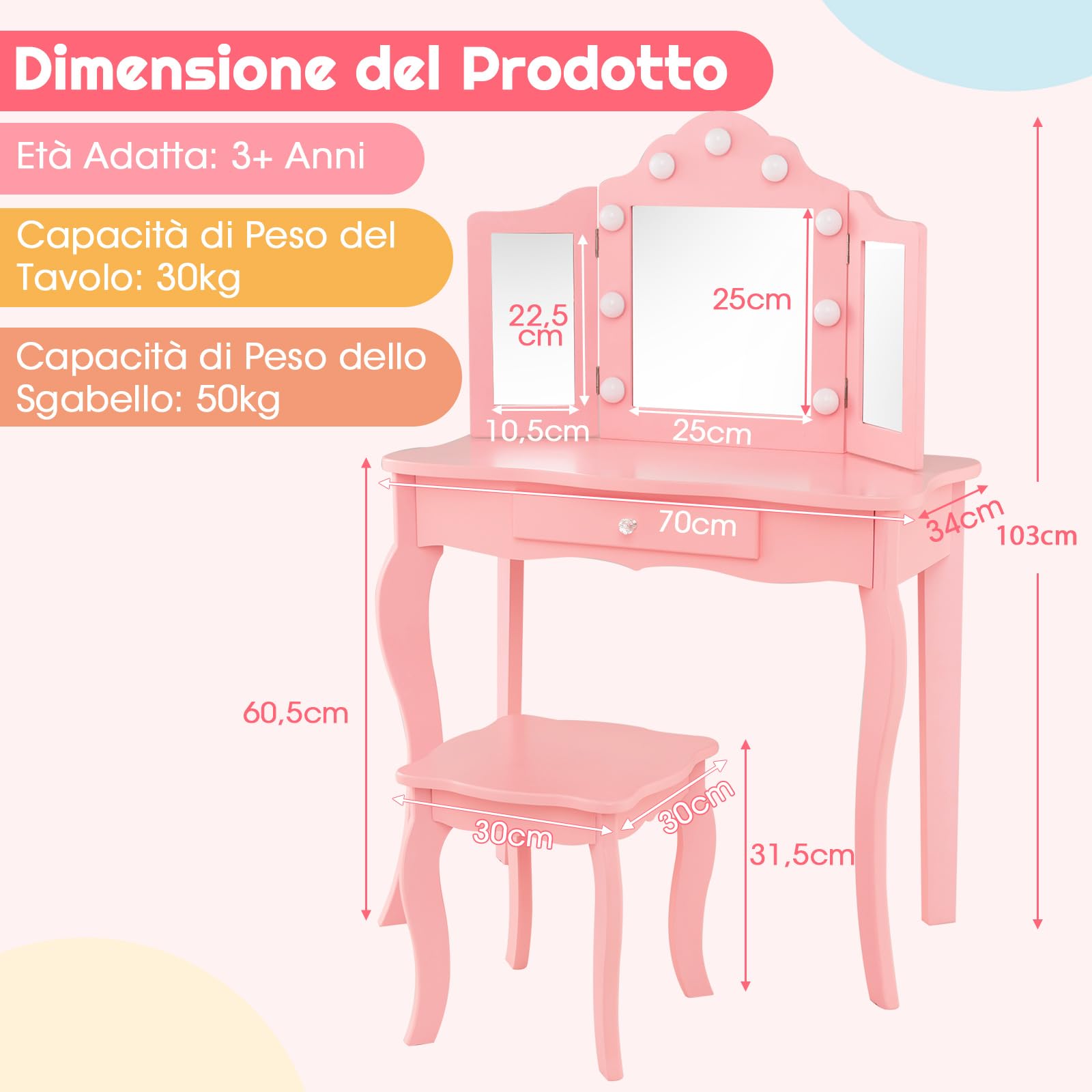 COSTWAY Toeletta Trucco 2 in 1 per Bambina, Specchiera Staccabile per Ragazza in Legno con Sgabello, Cassetto, Ripiani e Giocattoli, Postazione Trucco per 3 Anni, 70 x 34 x 103 cm (Rosa)