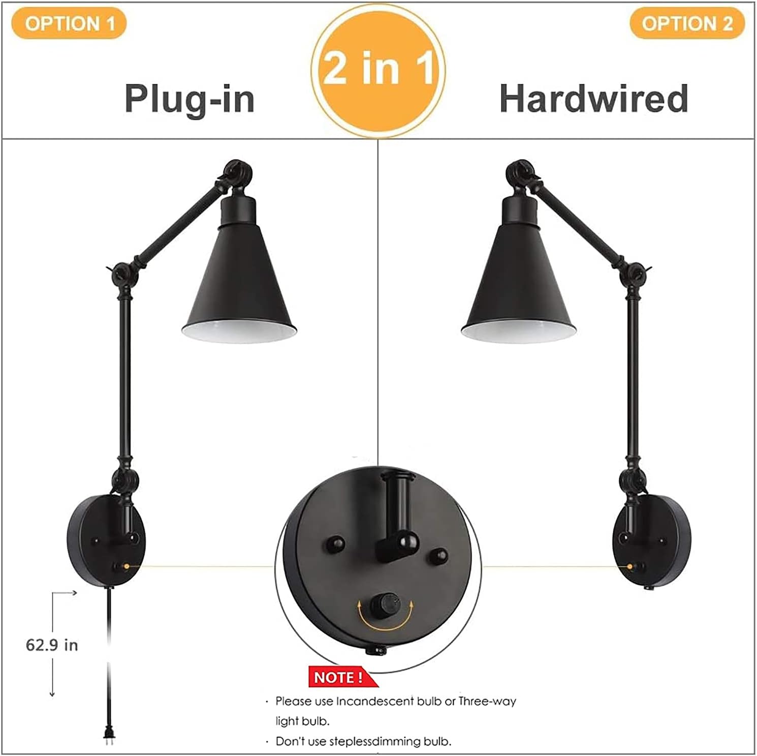 Up To 60% OFF HAITRAL Swing Arm Wall Sconces 2 Pack- Modern Wall Lamps, Dimmable Lamp with Mounted Light Fixtures for Home Decor Headboard Bathroom Bedroom Farmhouse Porch Garage - Black (Bulb Not Included)