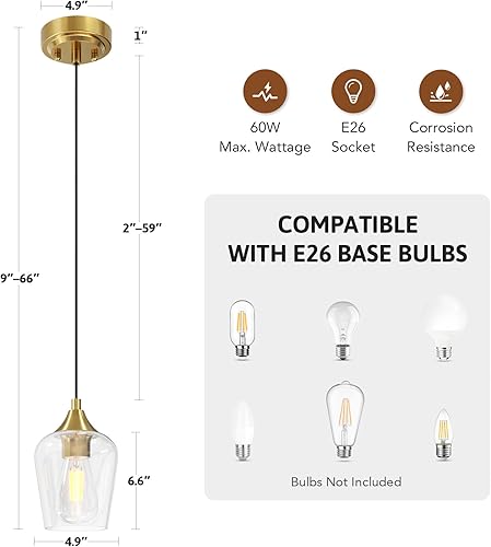 Miniatura 5 de VONLUCE Luces colgantes para isla de cocina, lámparas colgantes de oro cepillado con base E26 y cable ajustable, iluminación colgante moderna con