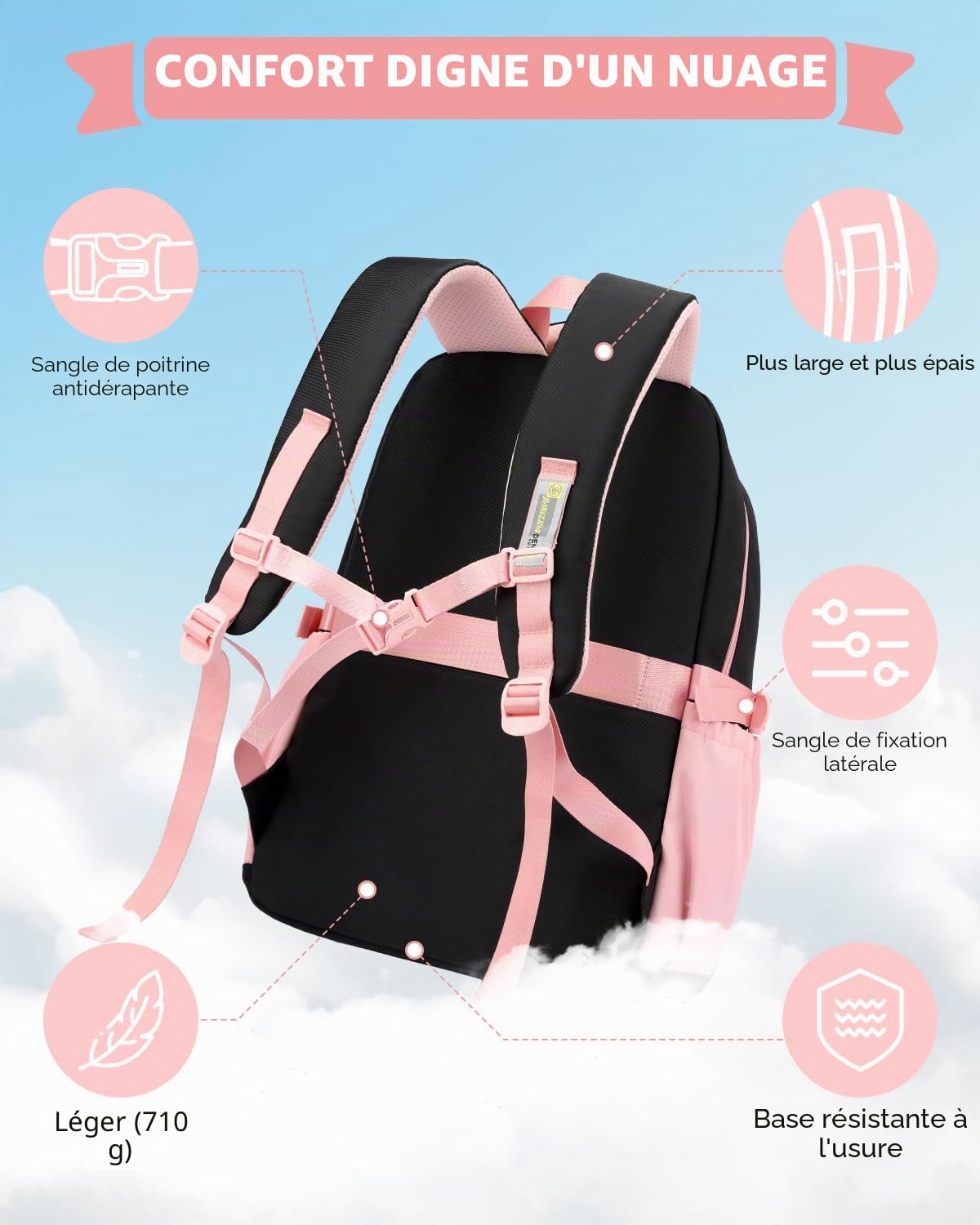 Amythe Cartable Fille Primaire et College, Sac Scolaire Filles Décontracté
