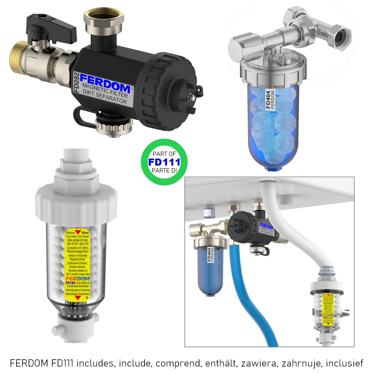 KIT SALVA CALDAIA FD111 Ferdom. 3In1. Filtro Defangatore Magnetico Sottocaldaia +Anticalcare Dosatore Proporzionale Di Polifosfati +Neutralizzatore Di Condensa. Per caldaie fino a 24kW. Fai-da-te. NEW