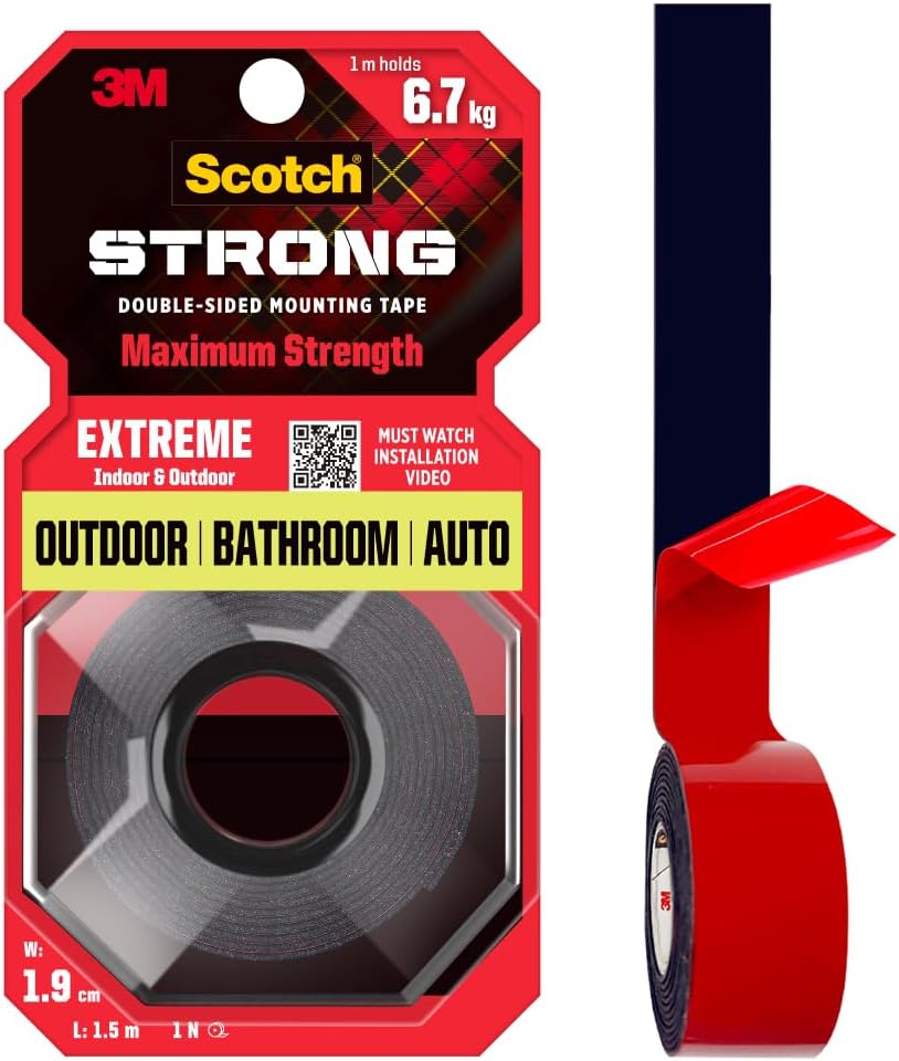3M Scotch Extreme Double Sided Tape, 1m Holds 6.7kg, Works on Uneven Surfaces, Weather Resistant, Works on Indoor, Outdoor, auto Interior Surfaces