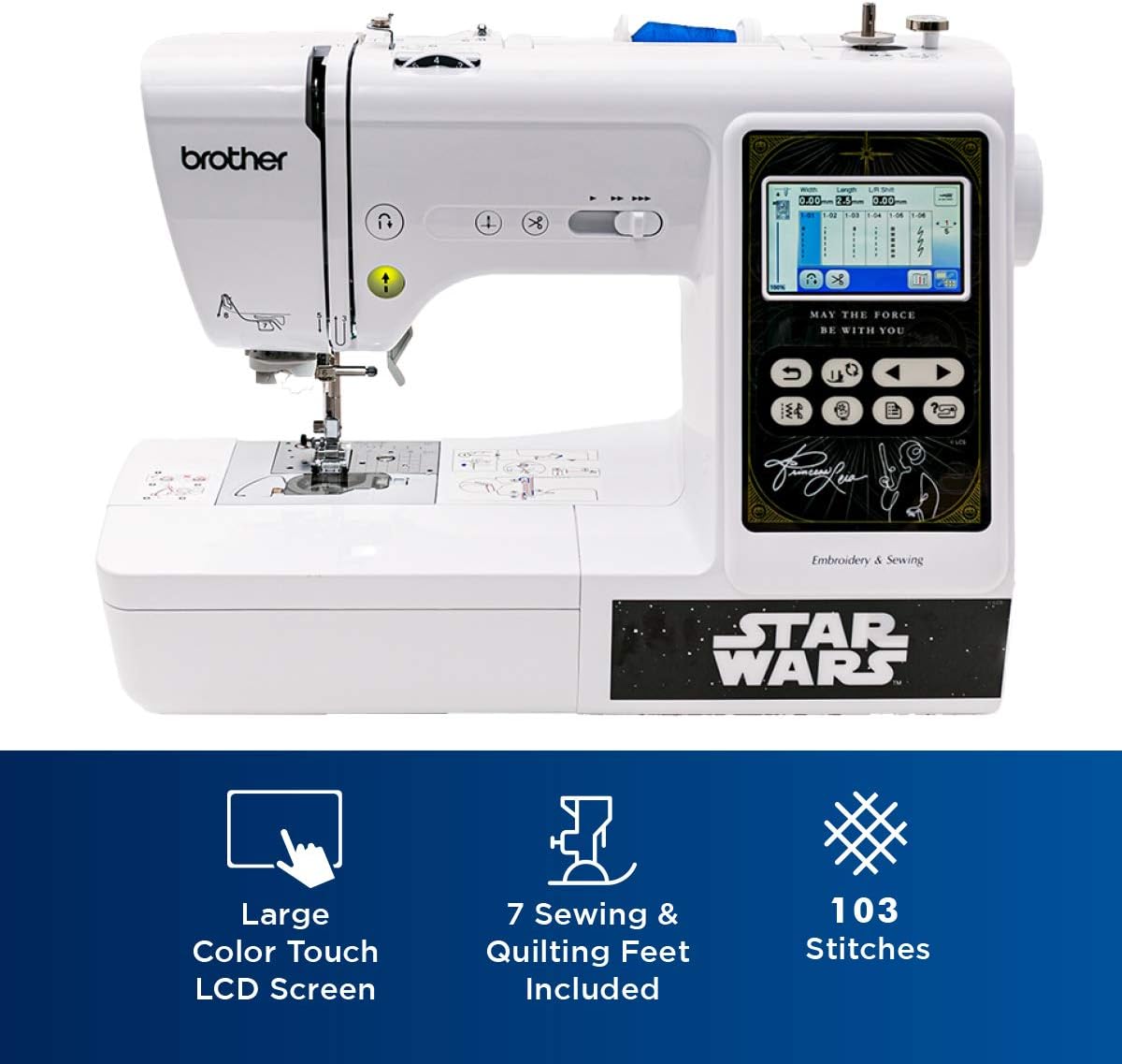 Brother Sewing and Embroidery Machine, LB5000S, 4 Interchangeable Star Wars Faceplates, 10 Downloadable Star Wars Designs, 80 Embroidery Designs, 103 Built-In Sewing Stitches, 4" x 4" Embroidery Area, Large 3.2" LCD Touchscreen Display, 7 Included Sewing Feet