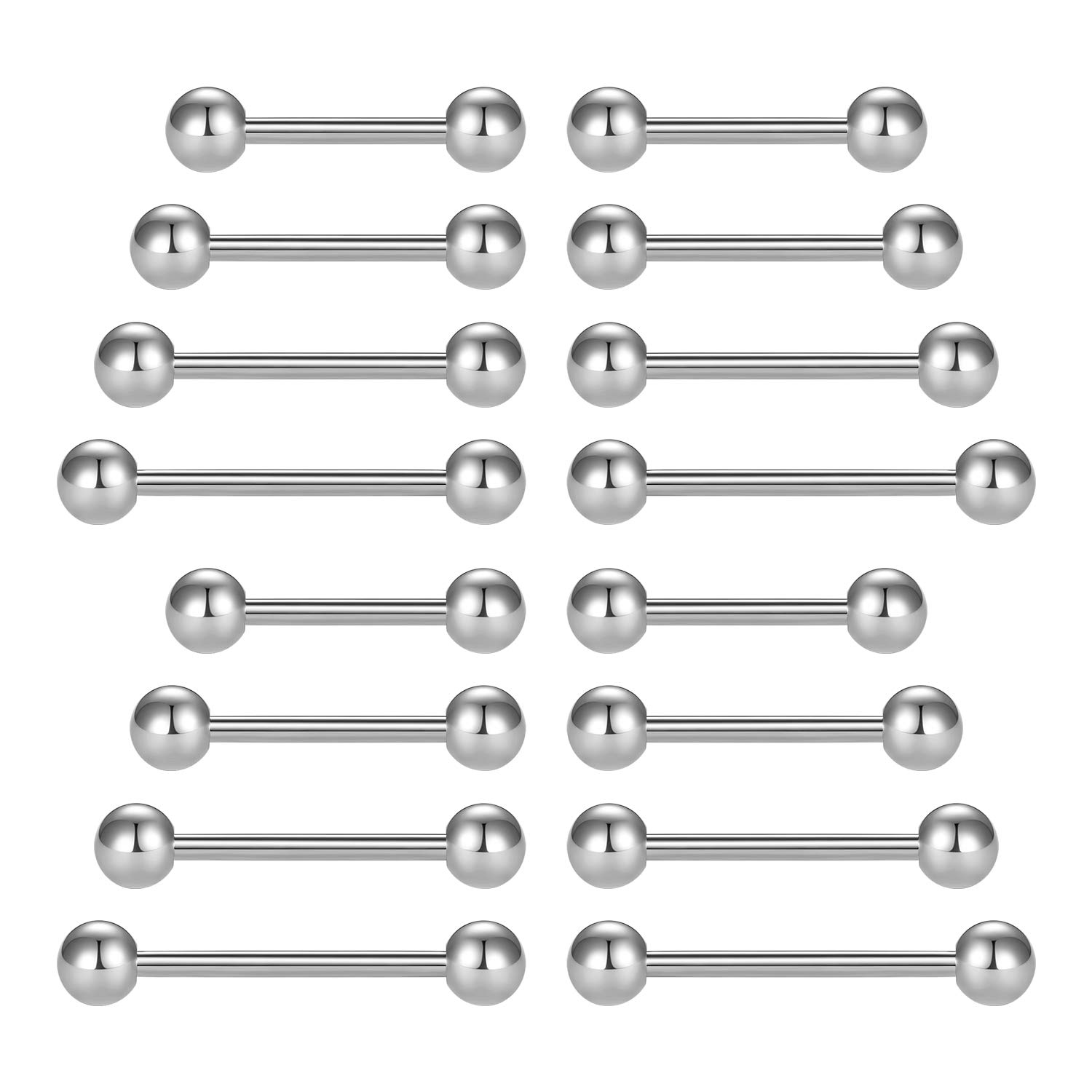 LAURITAMI16pcs Piercing Lengua 14G 12-18mm Pezón Barbell Recto Acero Inoxidable Lengua Pendientes Joyas