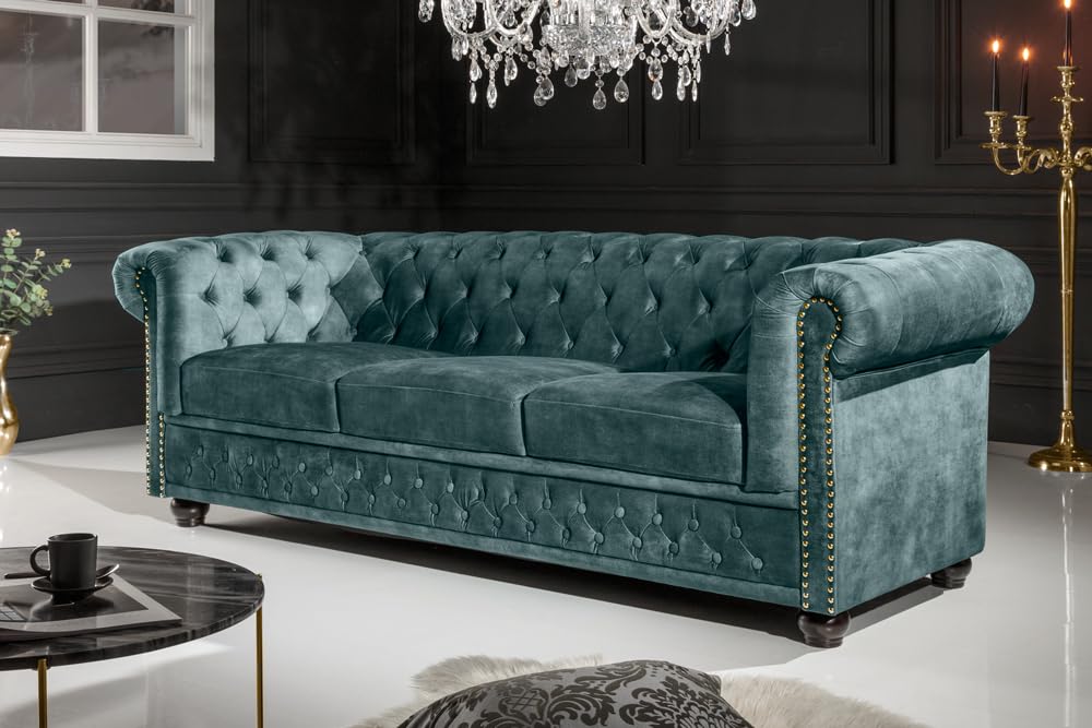 3-Sitzer Sofa CHESTERFIELD - 205cm - petrol gold - Samt - Federkern Nieten