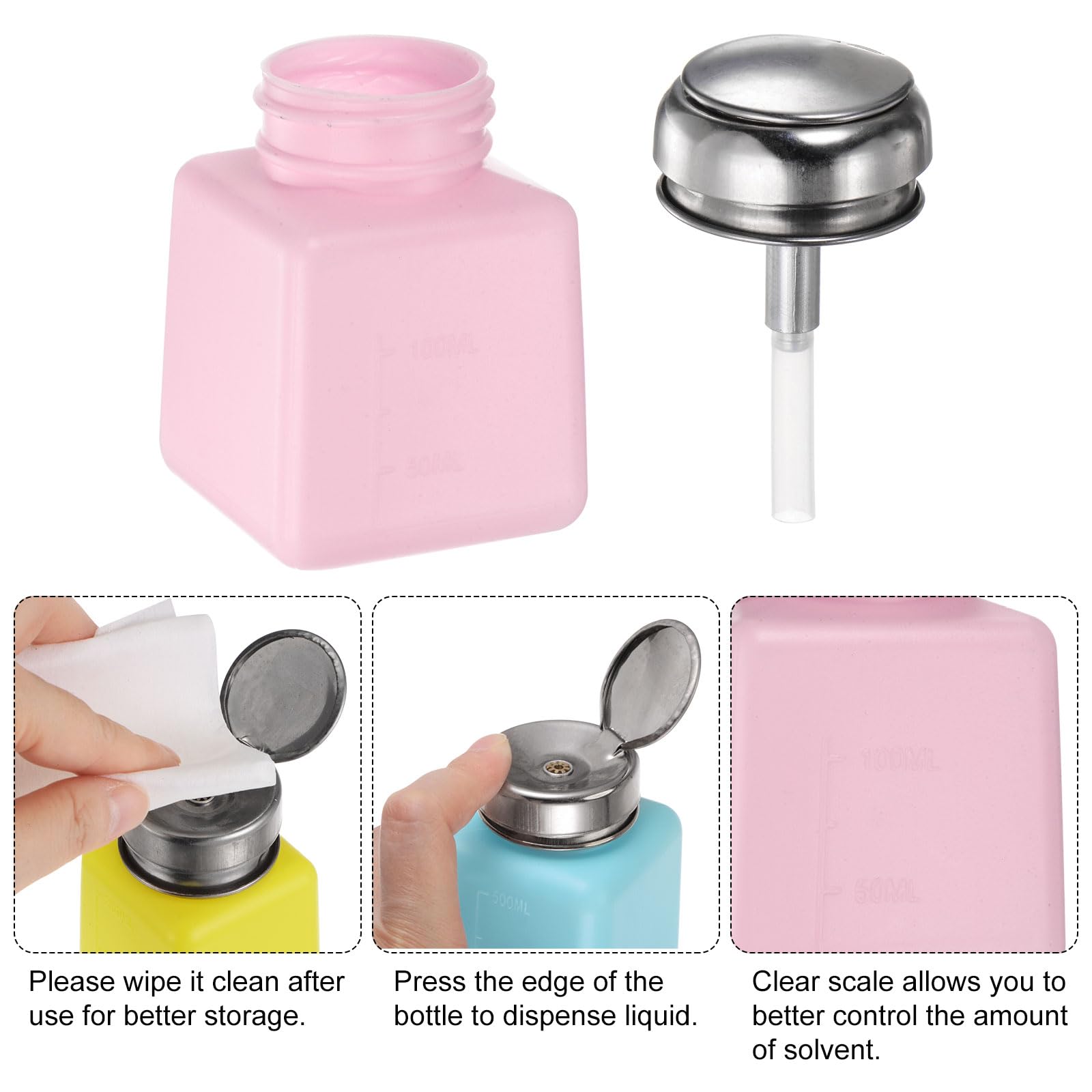 QUARKZMAN 3pz Dispenser Solventi Alcol, 100ml(3.4oz) Dispenser Liquidi Pressione, Coperchio Sigillante Acciaio Inox per Acetone, Detergente, Solvente Smalti, Rosa