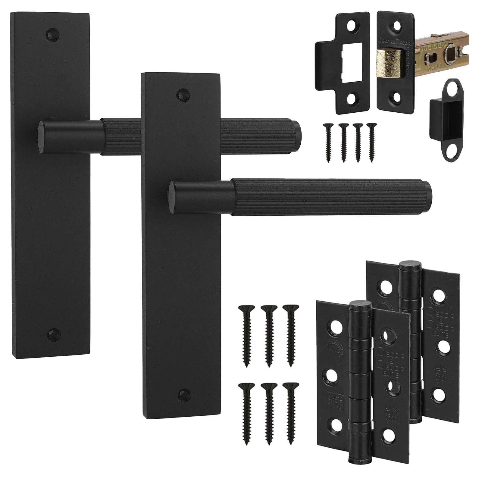 Decoranddecor Hera Matt Black Knurled Backplate Door Handles & 2.5in Tubular Mortise Latch with Fire Rated Hinges – Secure Internal Door Handle Set