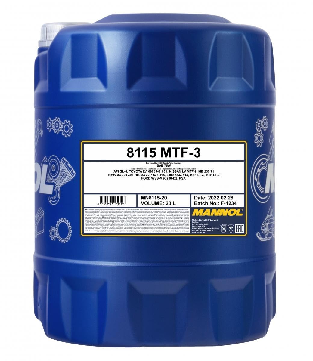 MANNOL 8115 MTF-3 Getriebeöl SAE 75W, API GL-4, für Schaltgetriebe, 20L | Getriebeflüssigkeit für manuelle und automatisierte Getriebe, erfüllt TOYOTA LV und MB 235.71, mit Verschleißschutz