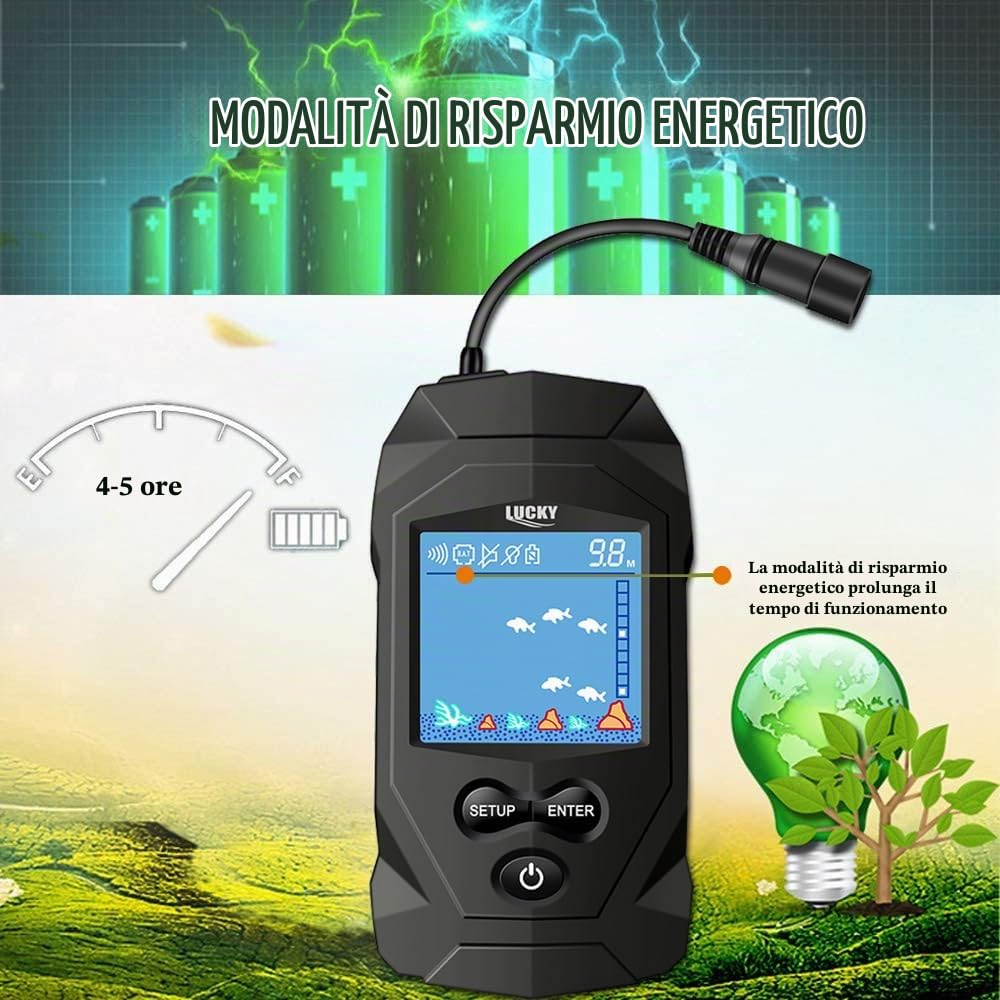 LUCKY Cercatore di Pesci da Pesca Portatile Marino Ecoscandaglio con Trasduttore per Kayak Ecoscandagli con sensore di profondità Display LCD per ecoscandagli per Barche