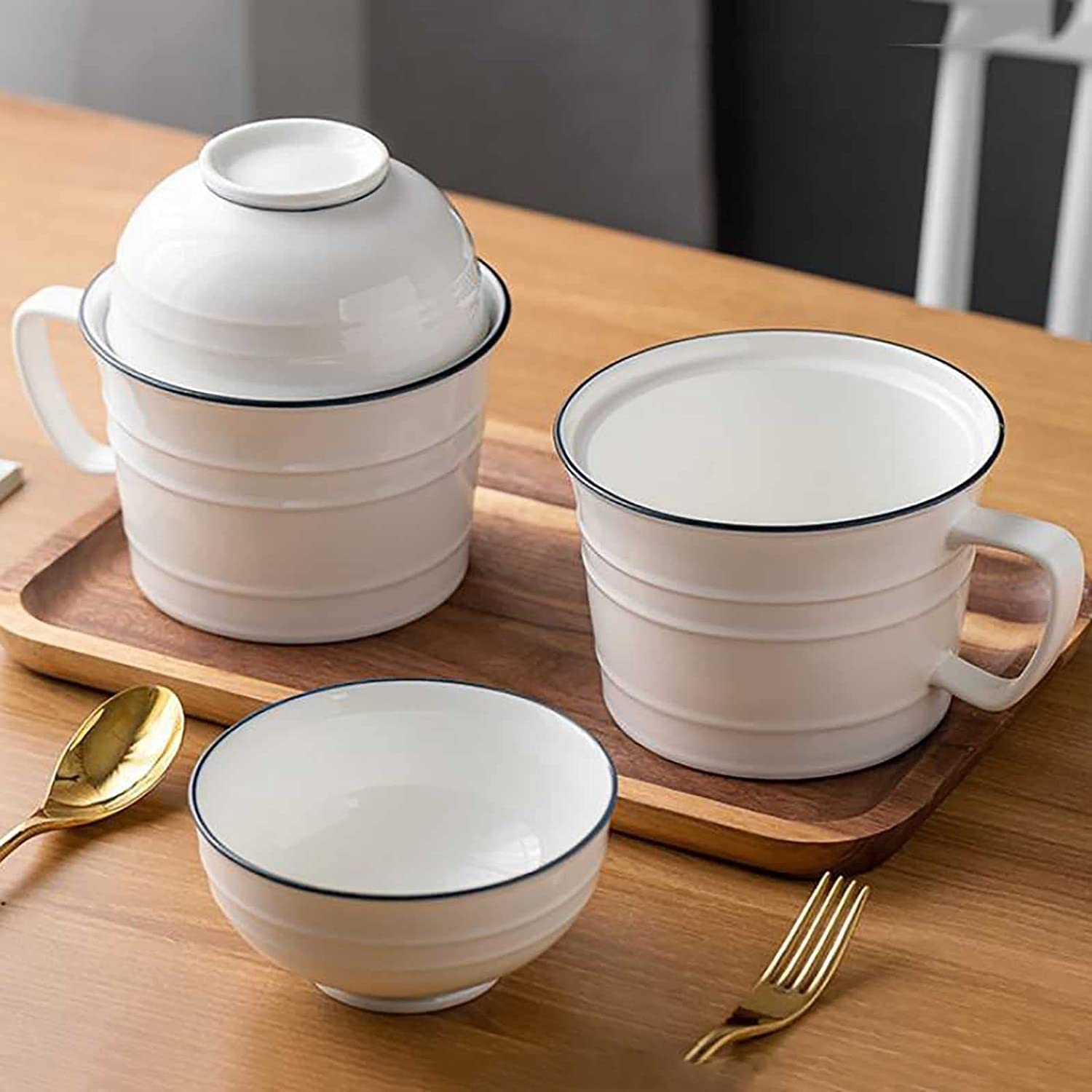 Instant-Nudelsuppenschüssel, Reisbehälterschüssel. Keramiktasse, große Instant-Ramen-Schalen mit Deckel, 900 ml tief, mit Griff, Lunchbox-Geschirr für Studentenwohnheime (Größe: Schüssel-Set)