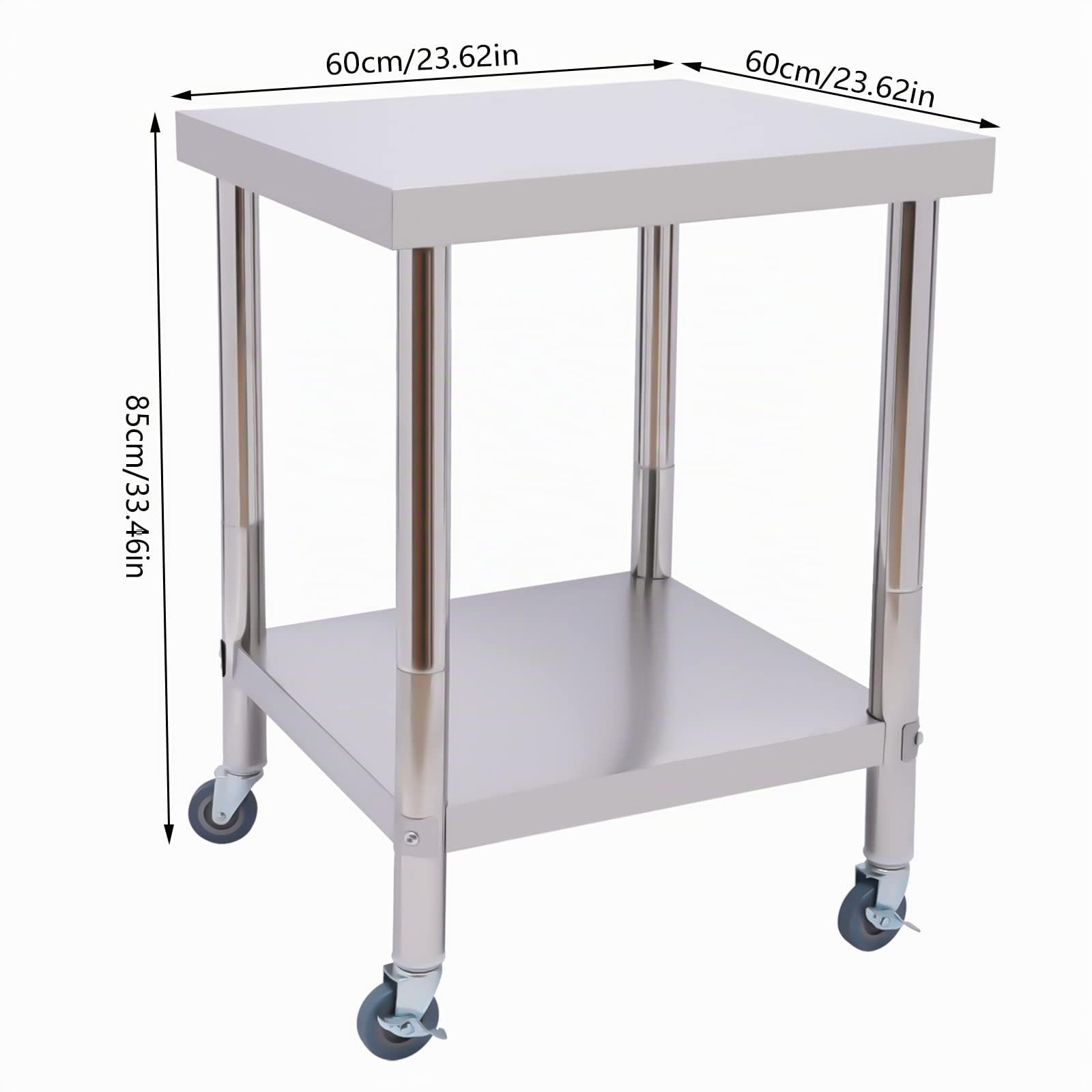 Tavolo da lavoro in acciaio inox, 60 x 60 x 85 cm, mobile da lavoro con 4 ruote universali con ruote, in acciaio inox, da cucina, da ristorante, da lavoro