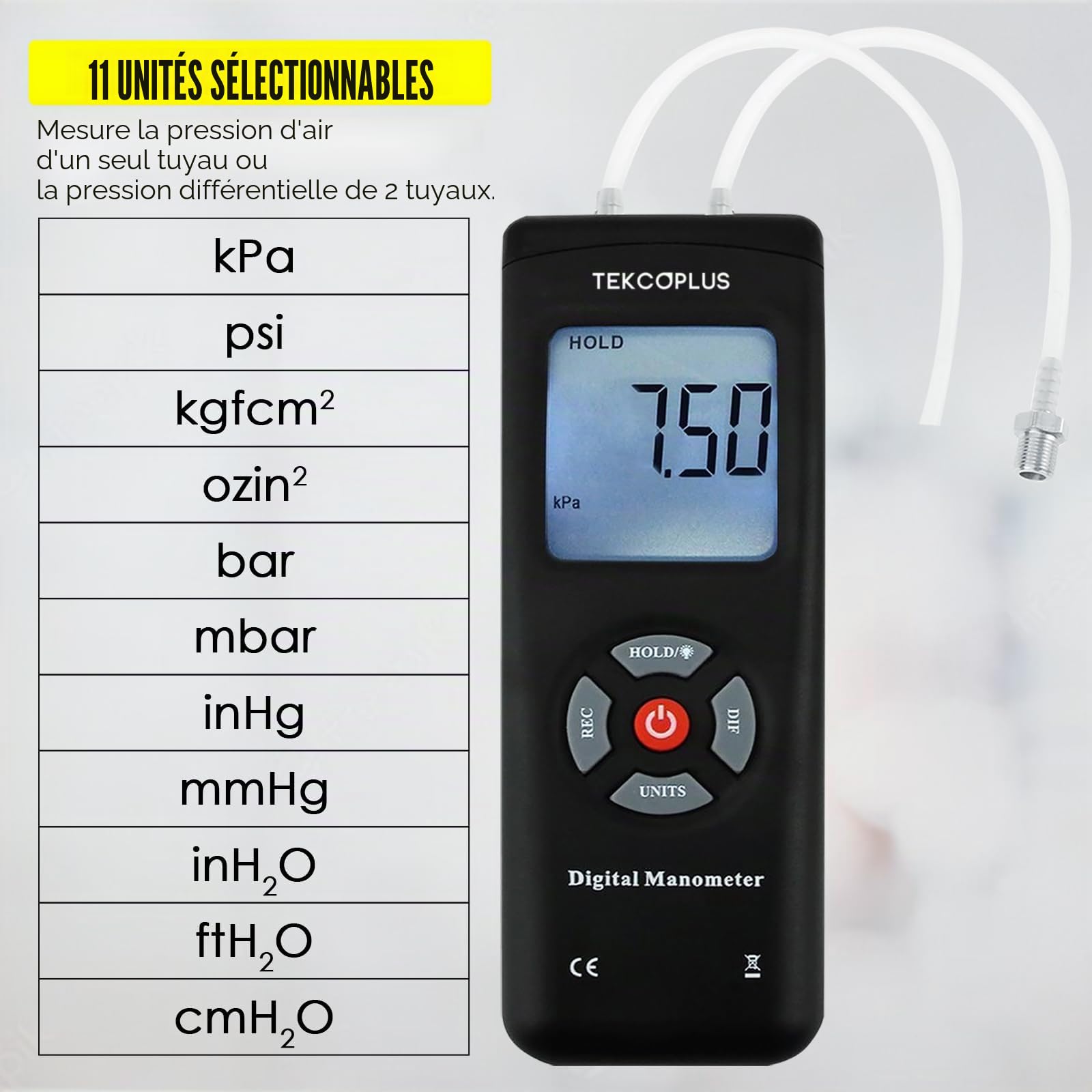 Manomètre, Testeur de Pression du Gaz à Double Port, Manomètre Numérique Professionnel pour HVAC, Mesureur de Pression de l'Air, Manomètre Différentiel avec Écran LCD Rétroéclairé, Tuyau de Rallonge