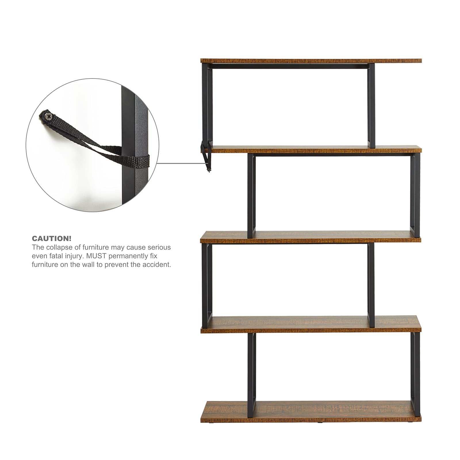 Meerveil Boekenkast, staand rek, 5-laags asymmetrisch split-level opbergrek, retro industriële stijl, tentoonstellingsrek, open planken, voor woonkamer, kantoor, slaapkamer, 74 x 28 x 145 cm, bruin