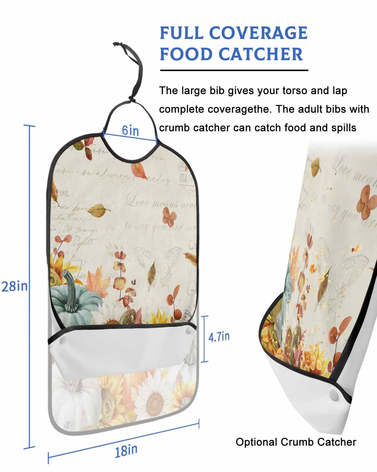 LEOKOTI Teal Orange White Pumpkins Adult Bibs for Eating, Waterproof Bibs with Food Catcher & Adjustable Snap Closure, Fall Thanksgiving Maple Leaf Washable Clothing Protectors Adult Bibs for Elderly