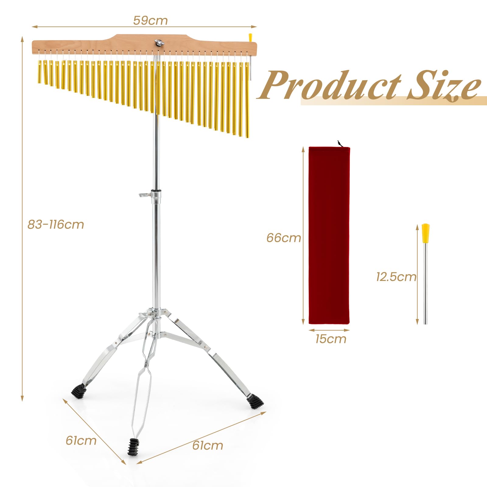 KOMFOTTEU Campane Tubolari a 36 Barre, Strumento a Percussione Musicale a Singola Fila, Supporto Pieghevole e Regolabile, Portatile con Borasa da Trasporto e Bacchetta, Bar Chimes per Principianti