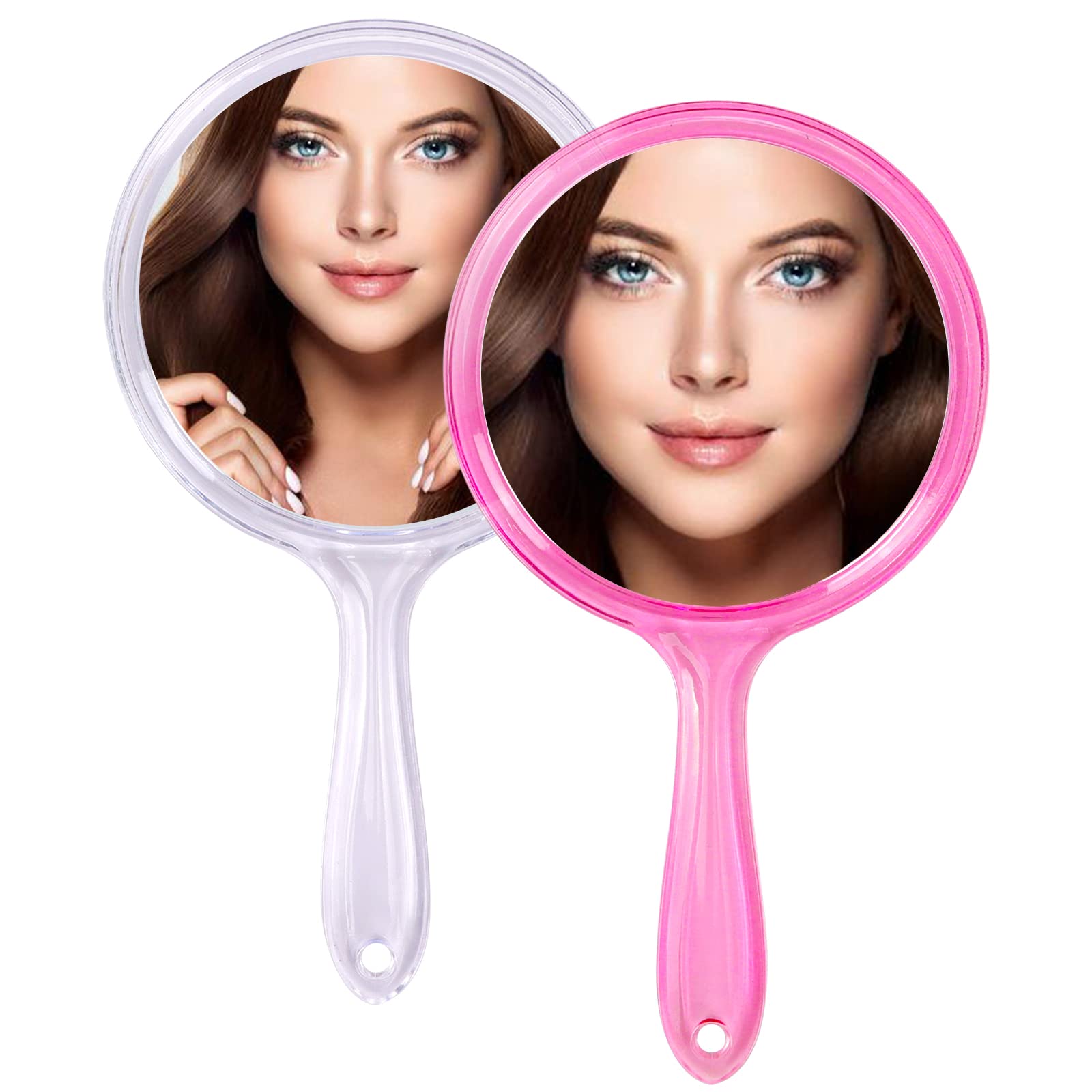 QLFJ-FurDec 2 Piezas Espejo de Mano, Espejo de Aumento de Doble Cara 1X / 3X con Asa, Espejo Cosmético de Portátil, Espejo de Bolsillo con Marco Transparente para Viaje(Blanco + Polvo)