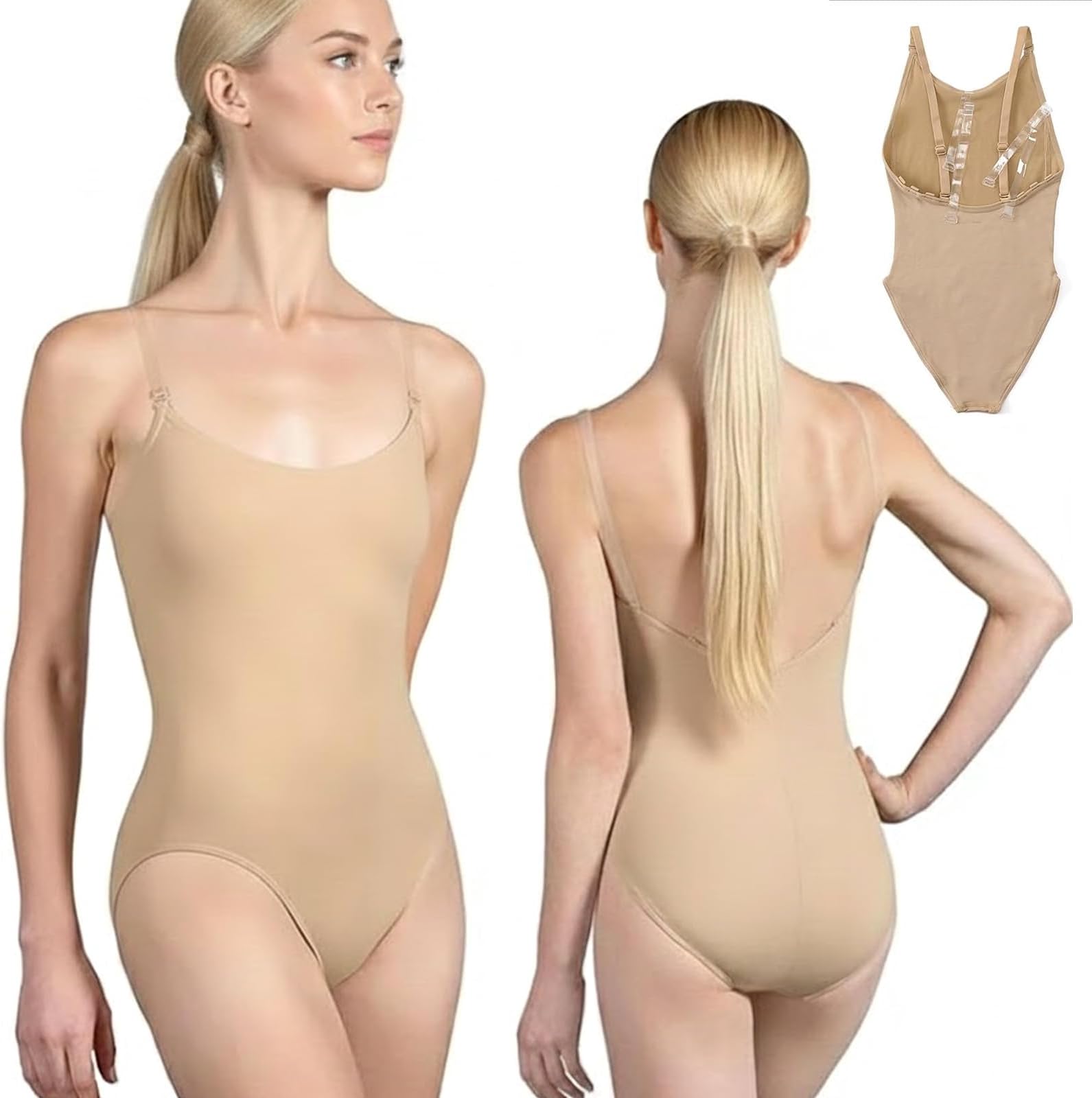Nude Leotards for Girls & Women, Nude Ballet Leotards with Adjustable Strap & Clear Strap, Girls & Adult Camisole Leotard Bodysuit, Seamless Undergarment Dancewear for Gymnastics and Dance