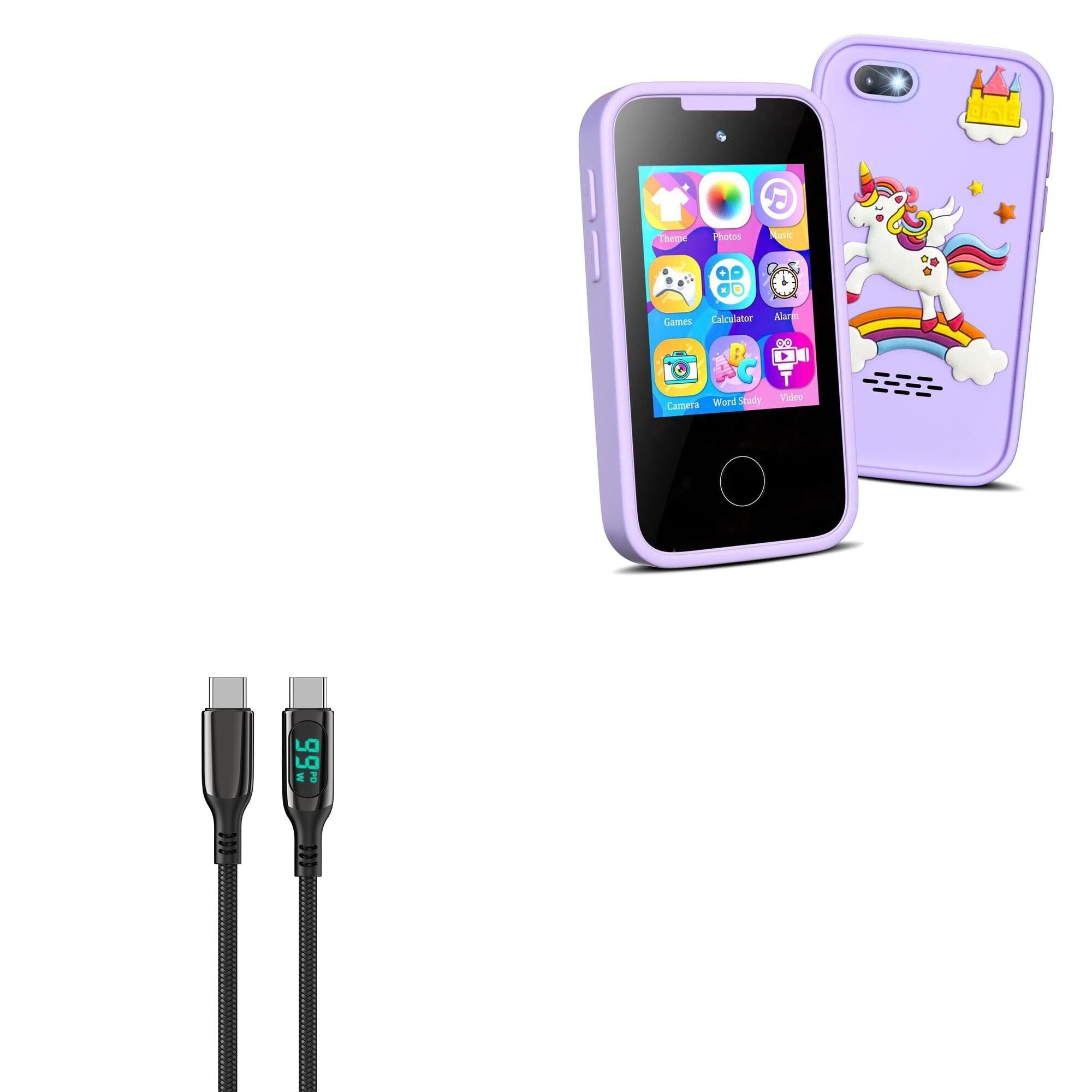 BoxWave Cable Compatible with Vimorg Kids Smart Phone (2.8 in) - PowerDisplay PD Cable (6ft) - USB-C to USB-C (100W), LED Display 6 Foot PD Braided Nylon Cable - Jet Black