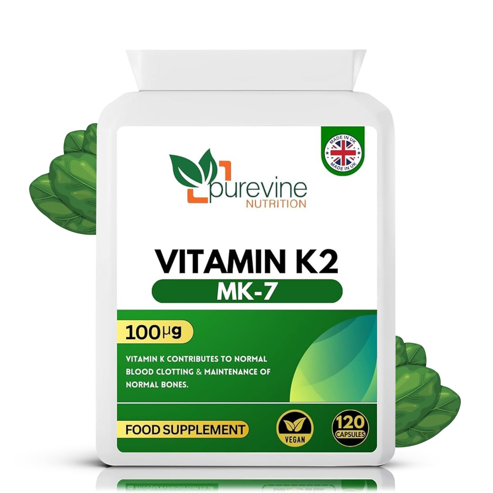 PUREVINE – Vitamin K2 MK-7 100mcg 120 Capsules - Highly Bioactive Vitamin K2 High Strength Bone Support - Easy-to-Swallow, K2 Vitamin Supplements with MK7, Vegan-Friendly - 4-Month Supply
