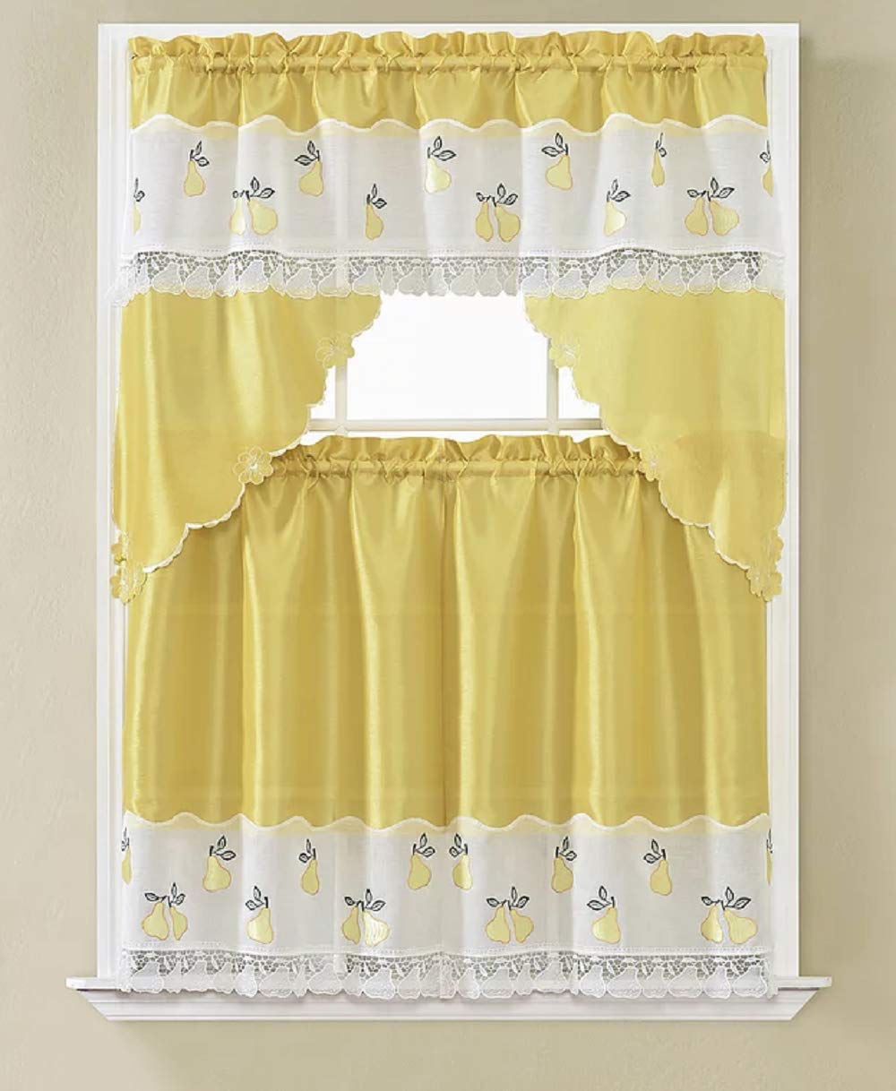 PEAR Embroidered Kitchen Curtain Tiers & Swag Set, Yellow-White, 60x36 & 30x36