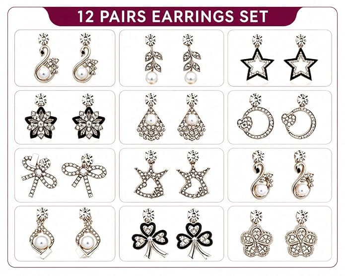 Image of 12 Pairs Set Earrings for Women Girls with Stylish Organizer Box | Valentine Birthday Rakshabandhan Gifts for Girls Girlfriend Wife Sister
