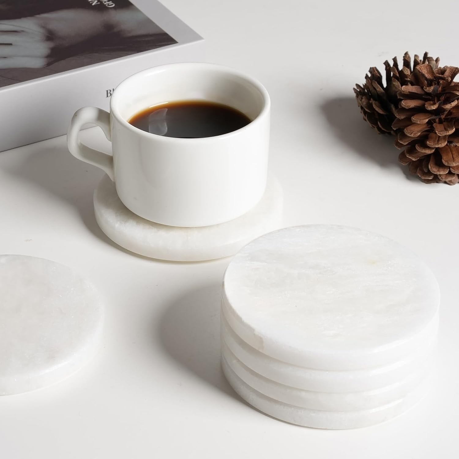 BCS Marble Coasters Set of 6 - Premium White Stone Coasters for Drinks with Holder - Cup Mats for Coffee, Tea, Beer, Wine - Elegant Table Decor for Home, Office, Dining