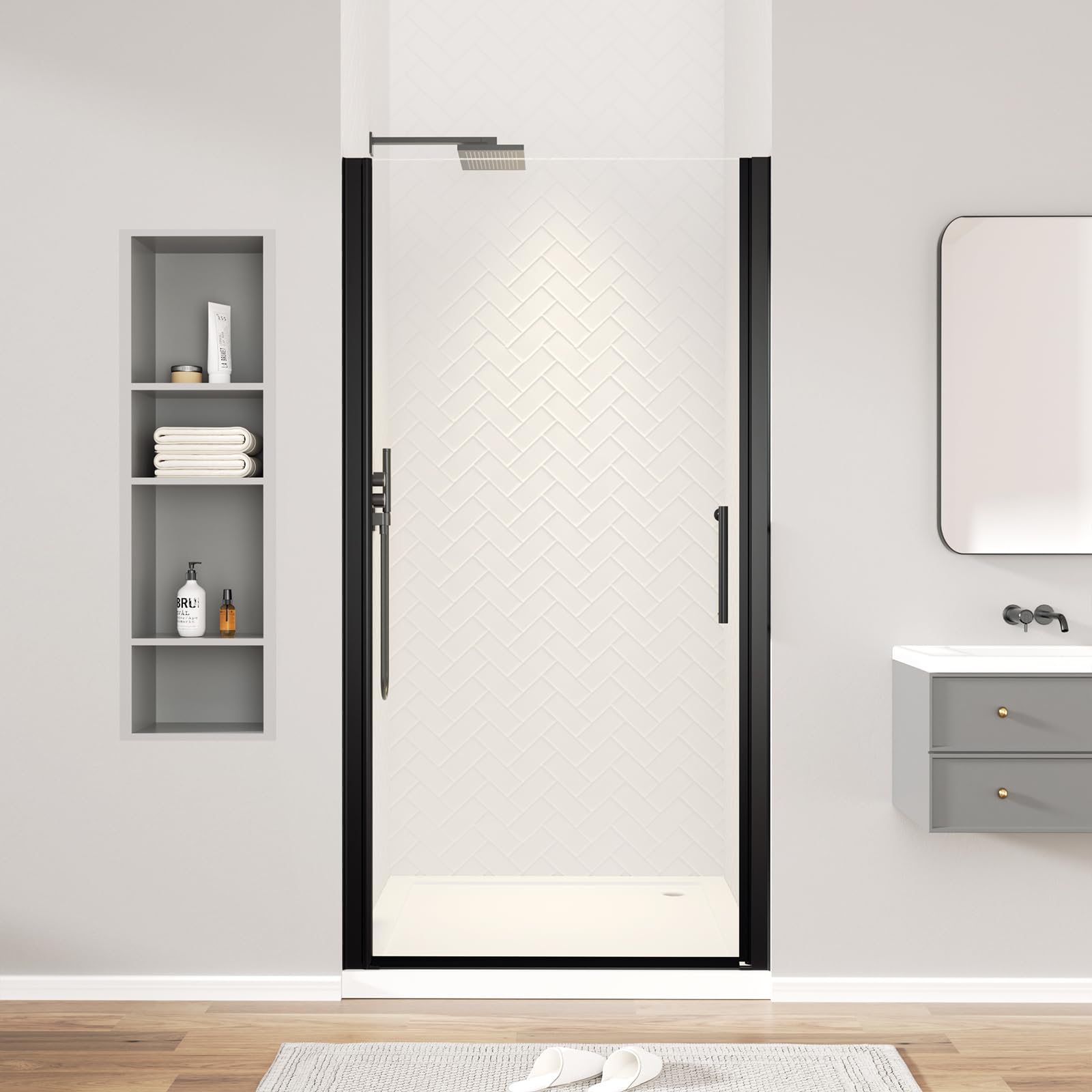 Puerta de ducha pivotante sin marco, 30-31.5 pulgadas de ancho x 72 pulgadas de alto, puerta pivotante de vidrio templado transparente de 6 mm, ancho ajustable, instalación reversible, negro mate