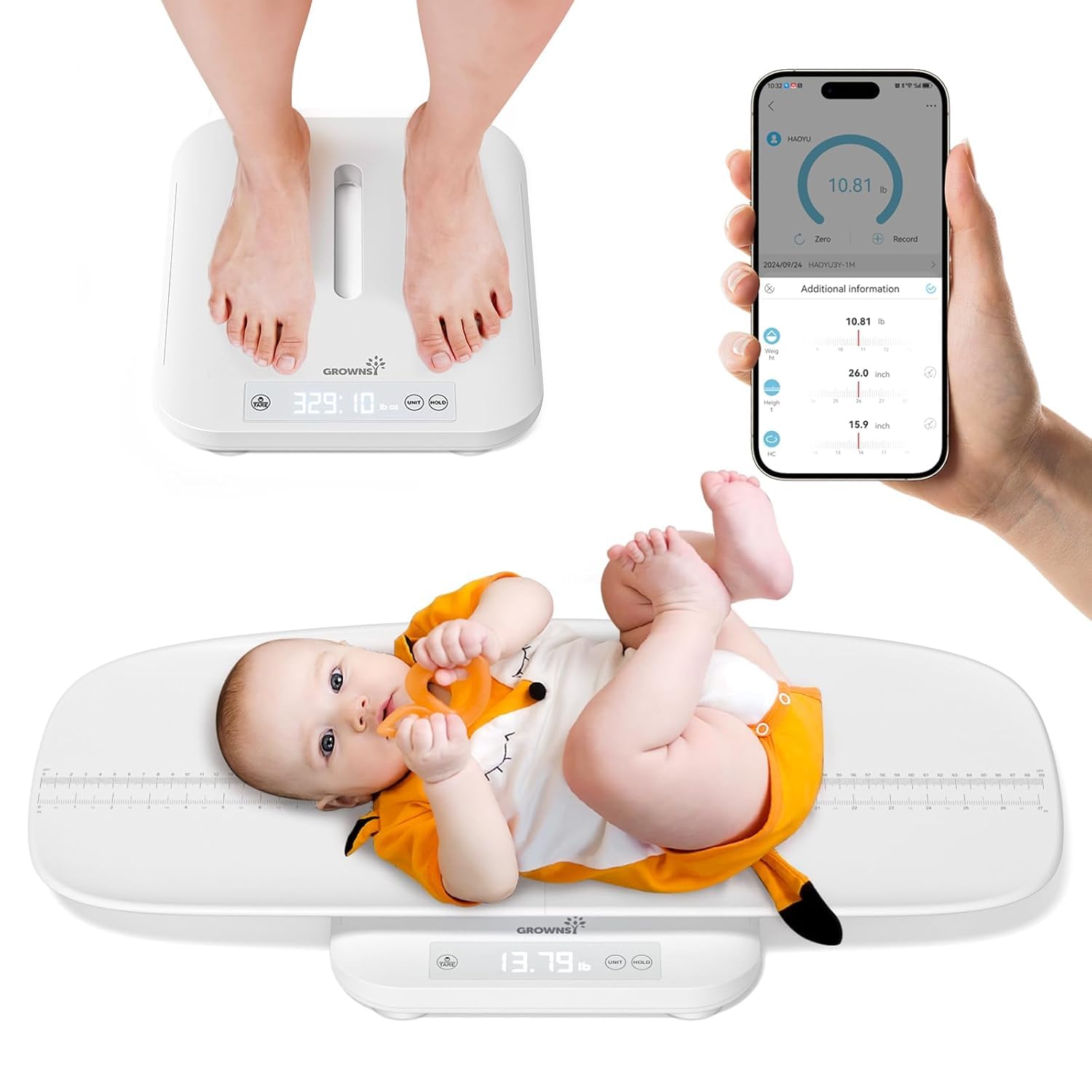 Grownsy Babywaage mit Bluetooth, 150 kg Multifunktionale Waage | Babys,Neugeborene,Erwachsene,Haustiere mit Abnehmbarem Tablett, Hold-Funktion, 70 cm Größenmessung, LCD-Anzeige, 5 Einheiten