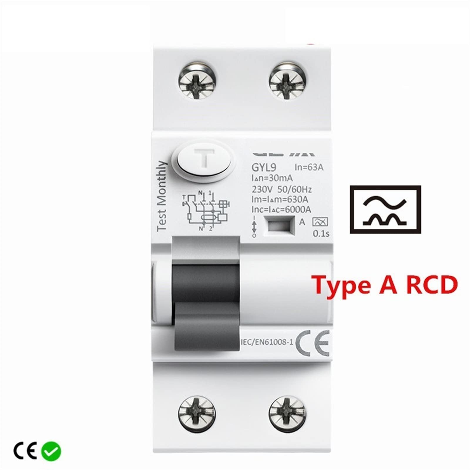 Wyłącznik różnicowy elektromagnetyczny typu A, RCD, AC ELCB, 2-biegunowy, 40 A, 63 A, 30 mA, 100 mA, 300 mA, 1 szt. (2P 63A, 30 mA)