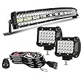 LED Light Bar Kits - 32IN Curved 585W Triple Row LED Light Bar, 4 inch LED Pods 12V 24V Led Work Lights Off-Road Driving Lights Waterproof for ATV Tractor Pickup Cart with 3-Lead Wiring Harness