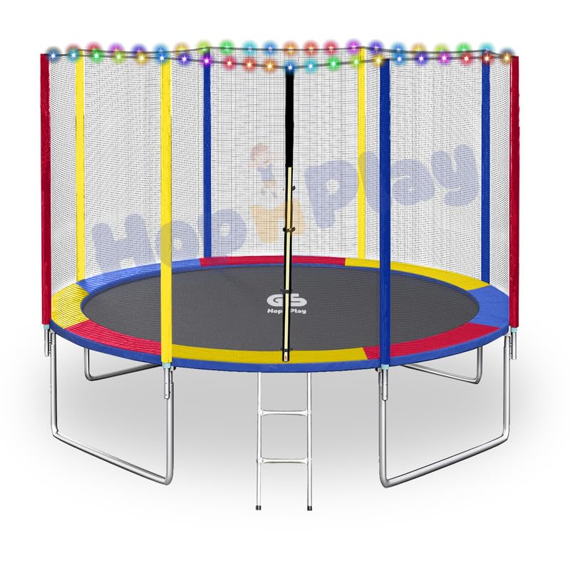 Image of Hop N Play Festive Edition 12 feet Heavy-Duty Jumping Trampoline for Adults & Kids with Safety Net, Remote-Control Waterproof LED Lights-Perfect for Indoor & Outdoor, Bouncer, Supports Up to 200kg
