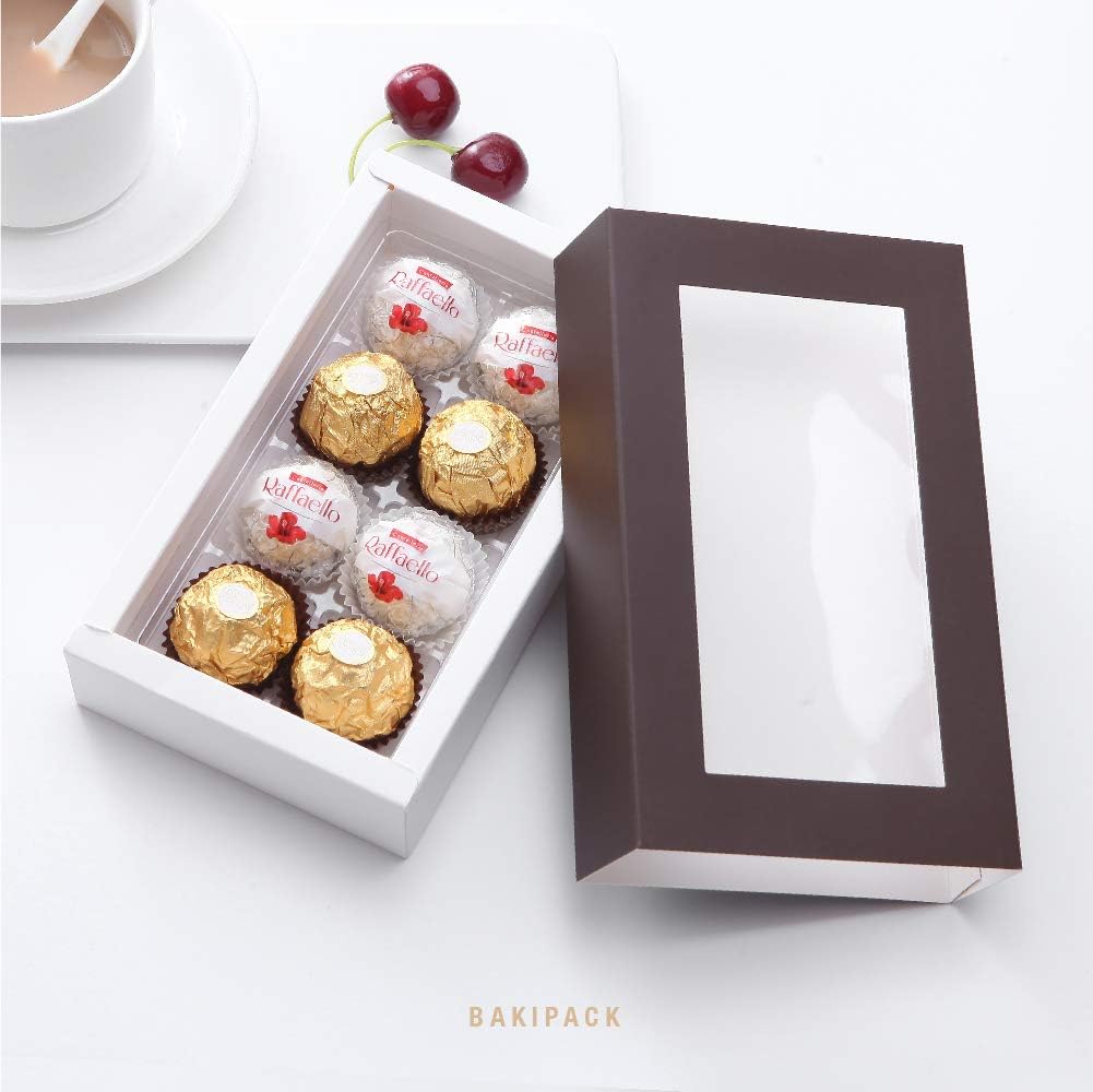 20 Truffle Box, Chocolate Box Packaging, Candy Boxes with 8-Piece Plastics Tray (Tray Size with 5.75x2.75 Inches), Pull Out Packing with Clear Window Sleeves, Dark Brown