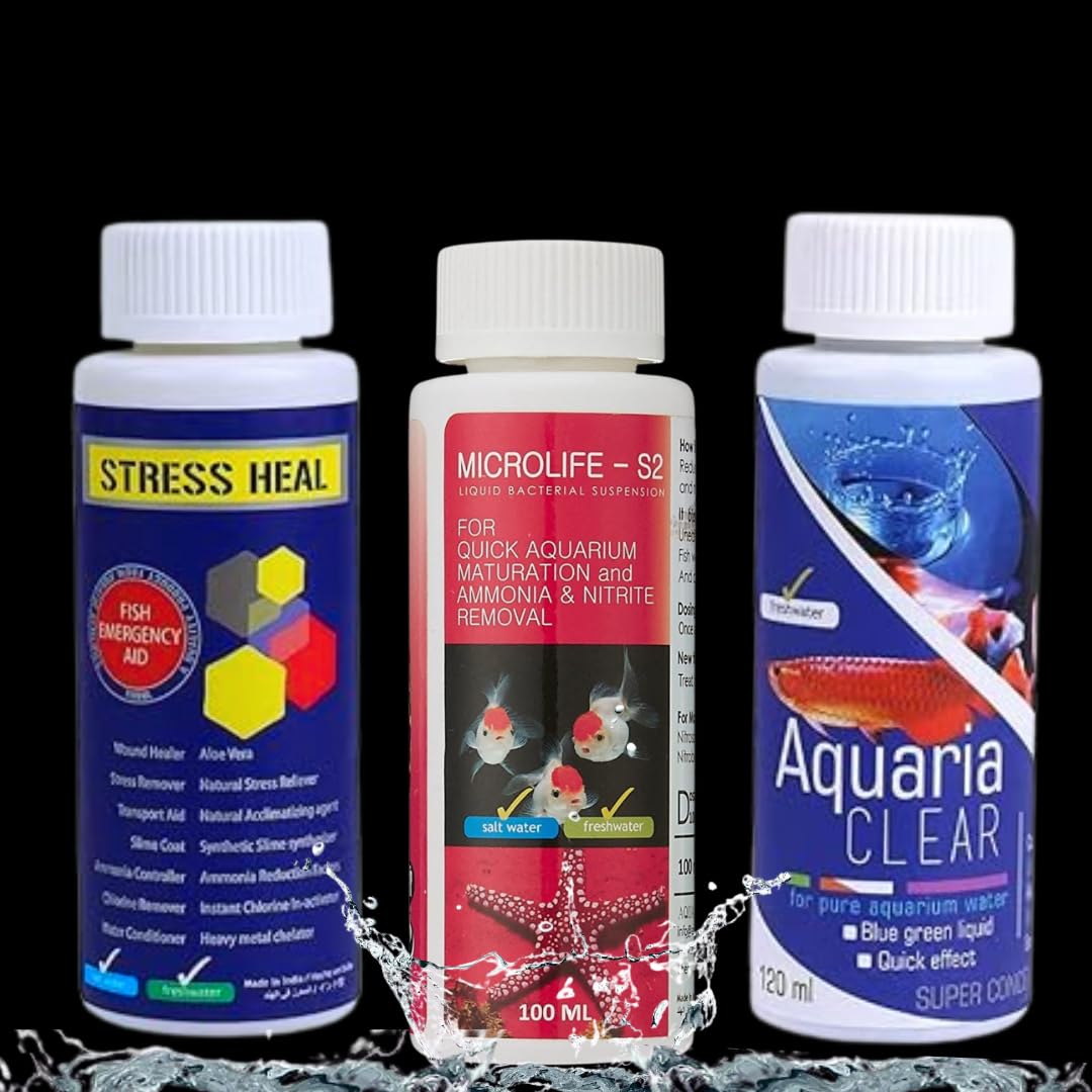 Premier Plants Aquarium Fish Tank Starter Medicine Combo for Aquarium Cleaning Kit (Stress Heal | Microlife | Aquaria Clear) 3 Pieces Combo