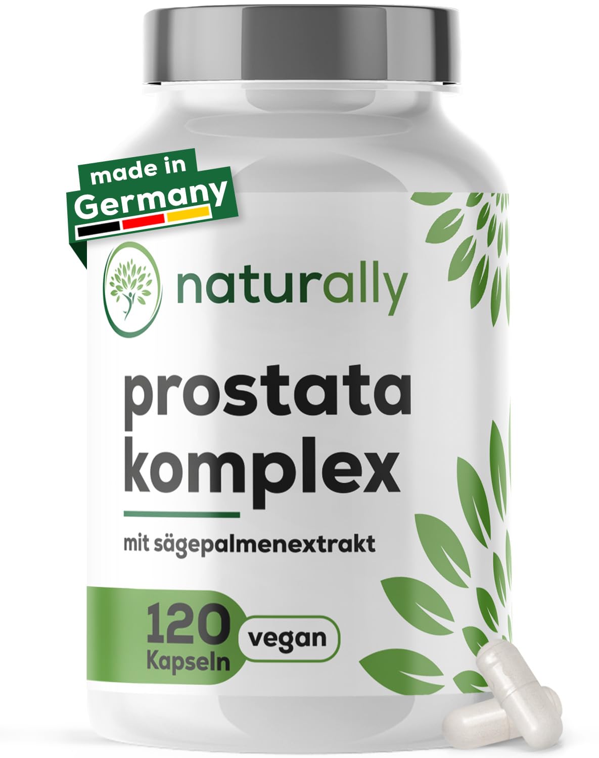 naturally Prostata Komplex Kapseln – Sägepalme, Kürbiskern, Zink | Für Männer: Zink für Testosteron & Fruchtbarkeit, mit Brennnessel, Selen, Vitamin E, 120 Kapseln, vegan