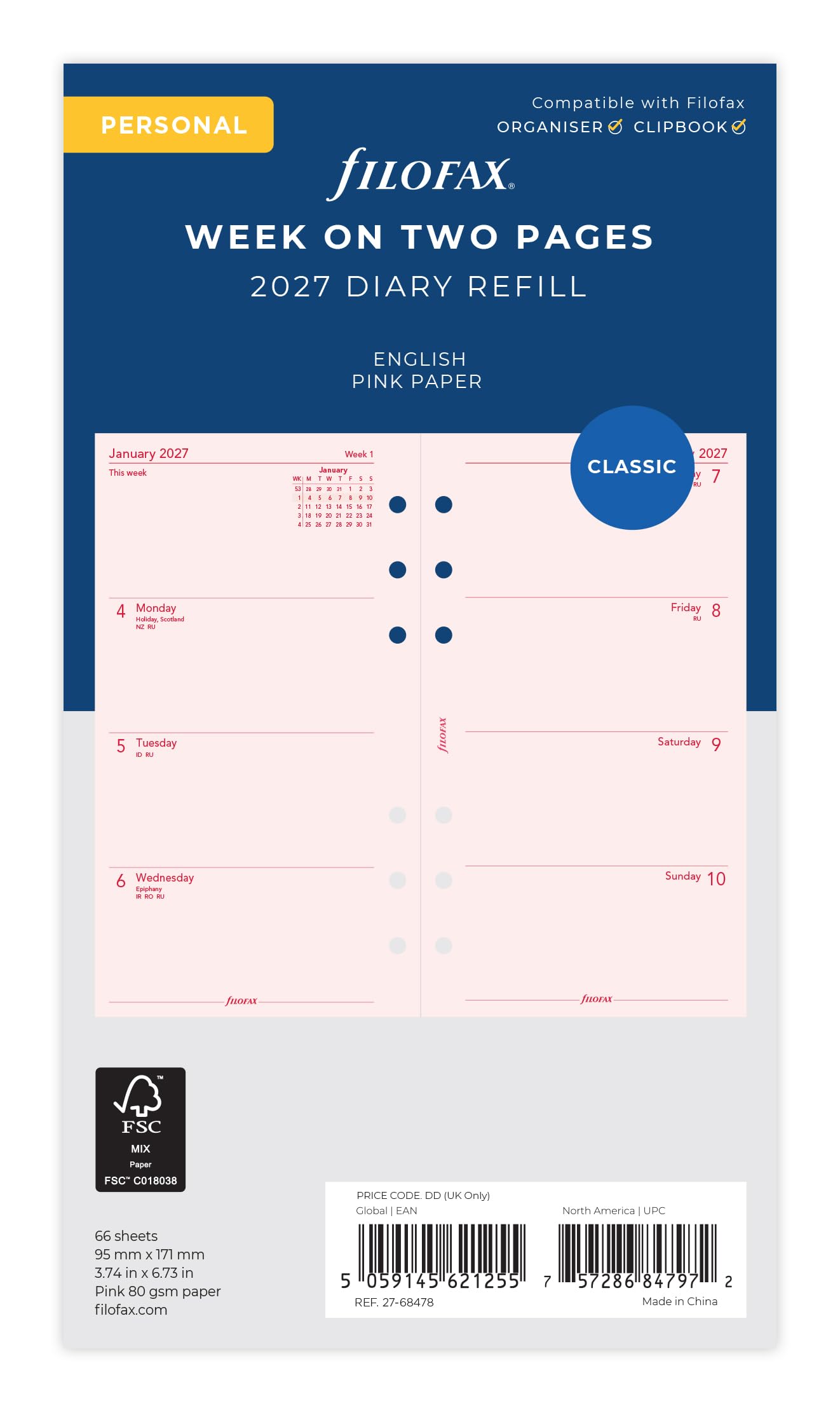 Filofax Personal Week on two pages pink English 2027 diary 27-68478