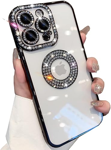 Funda para iPhone 14 Pro Max, protección de cámara con diamantes brillantes y diamantes de imitación, bonita funda brillante con logotipo View Case