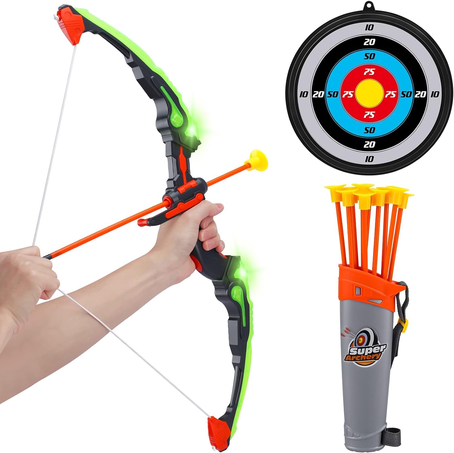 Qwick Click Plastic Sports Archery Bow and Arrow Toy Set with Light-Up Feature and Dart Target Board