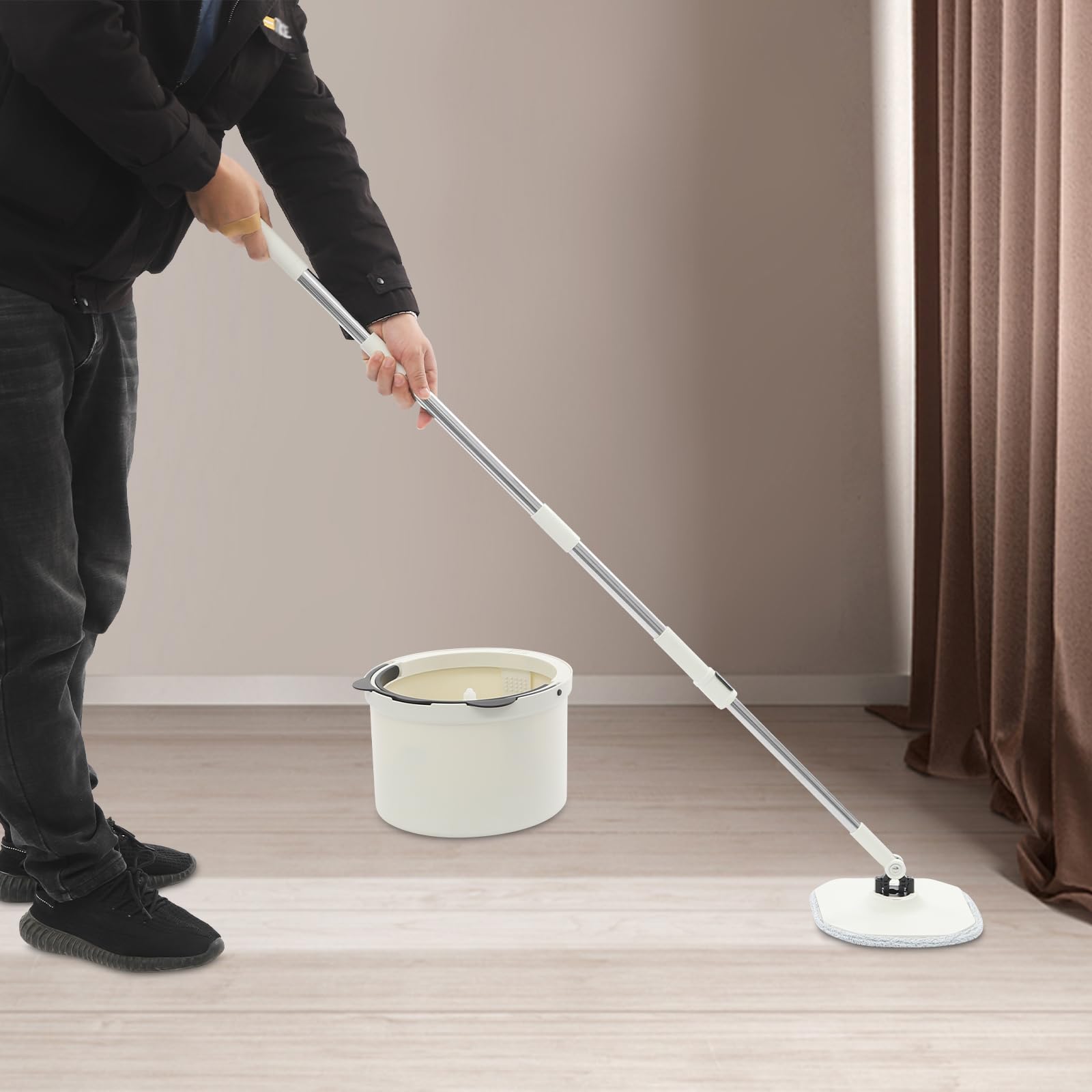 Juego de fregona con cubo de limpieza con función de escurridor, mopas húmedas y secas para el hogar, autolimpieza, lavable y reutilizable, color blanco