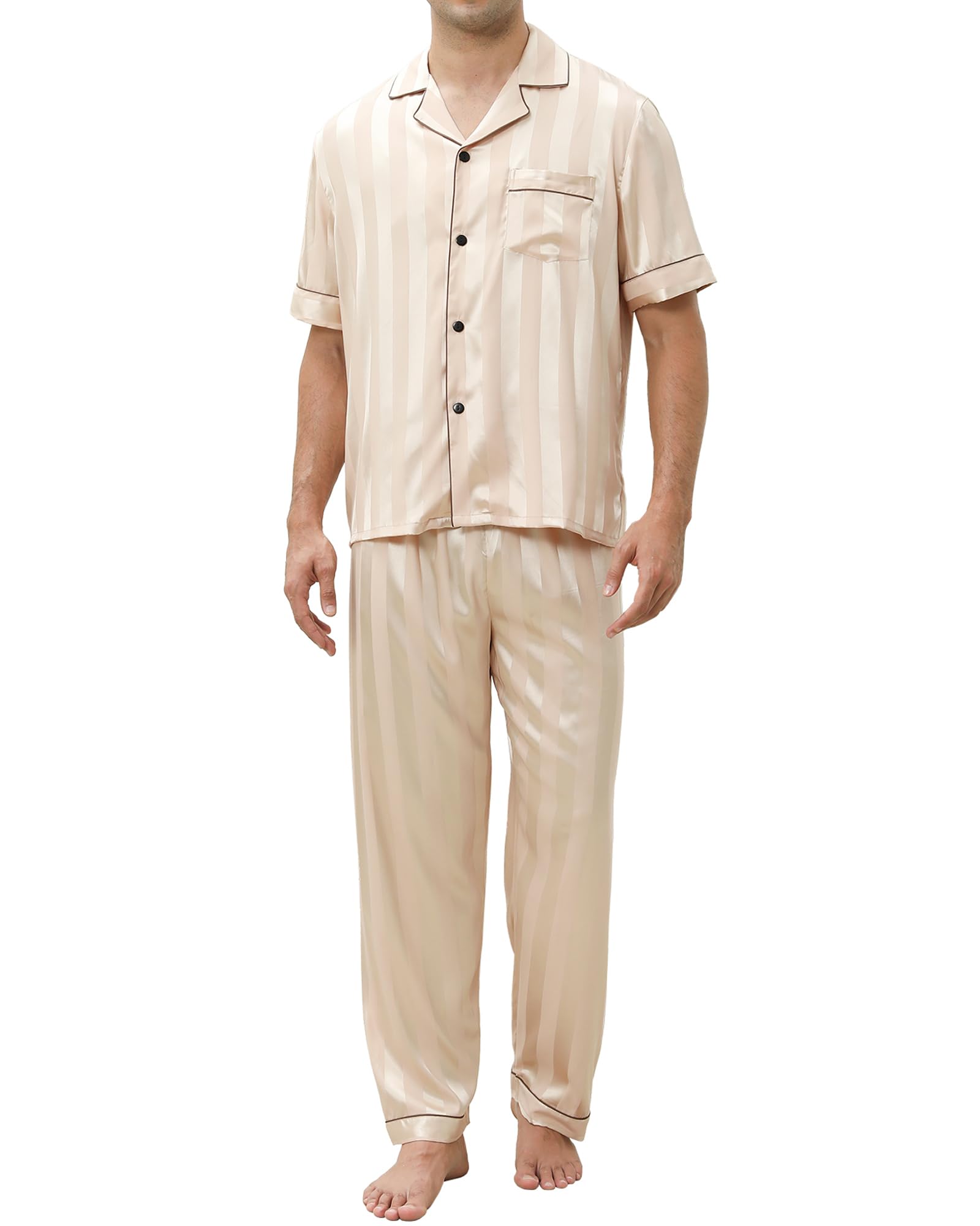 Reliwel Schlafanzug Herren Lang Satin Pyjama Set Zweiteiliger Langarm Ärmel Knopfleiste Hausanzug und Pyjamahose Seidenpyjama Nachtwäsche Männer Hausanzug Sleepwear Loungewear