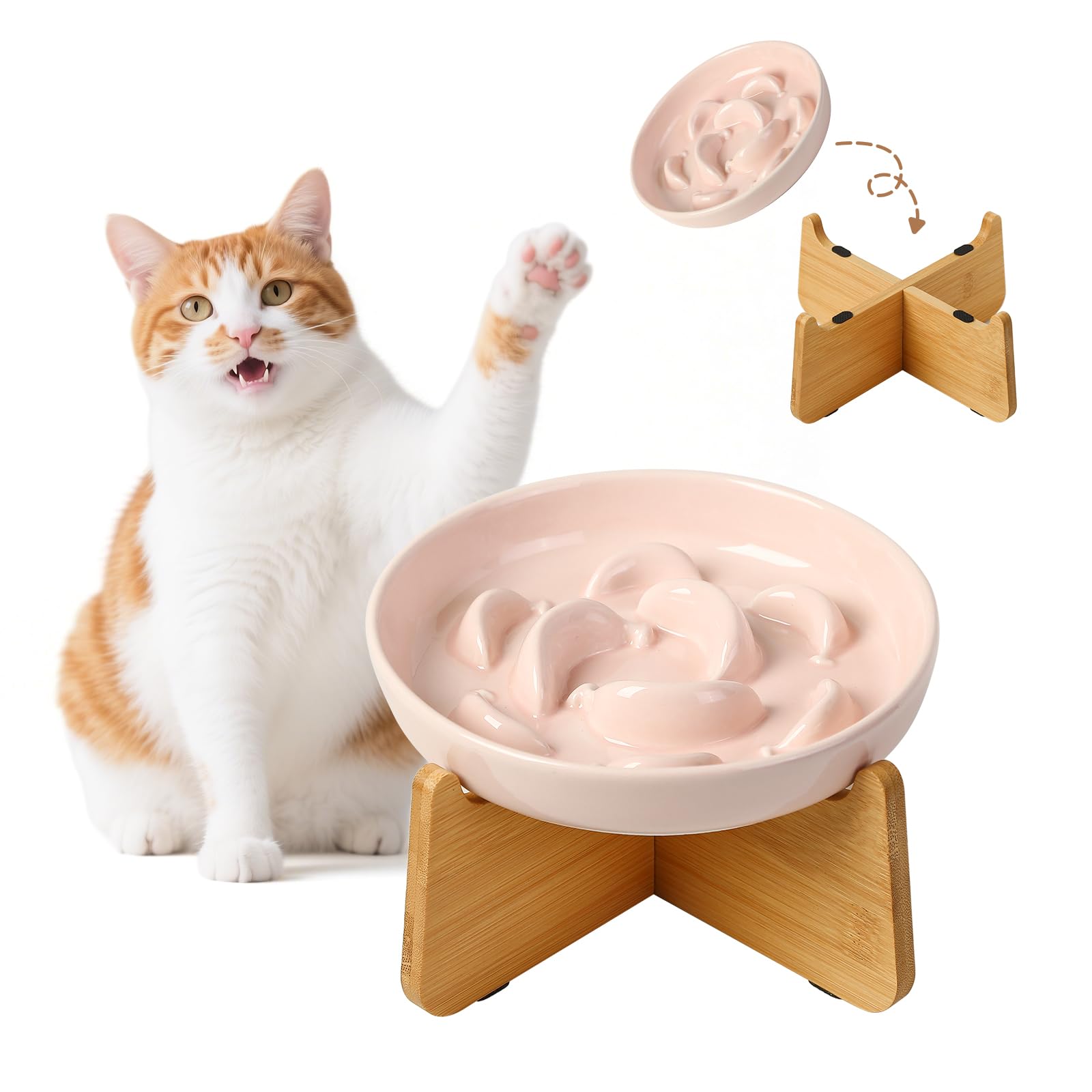 Elevated Slow Feeder Cat Bowl - Ceramic Cat Food Dish with Anti-Slip Bamboo Stand - Whisker Friendly Feeding Bowl - Raised Maze Plate for Slow Down Eating - Light Pink