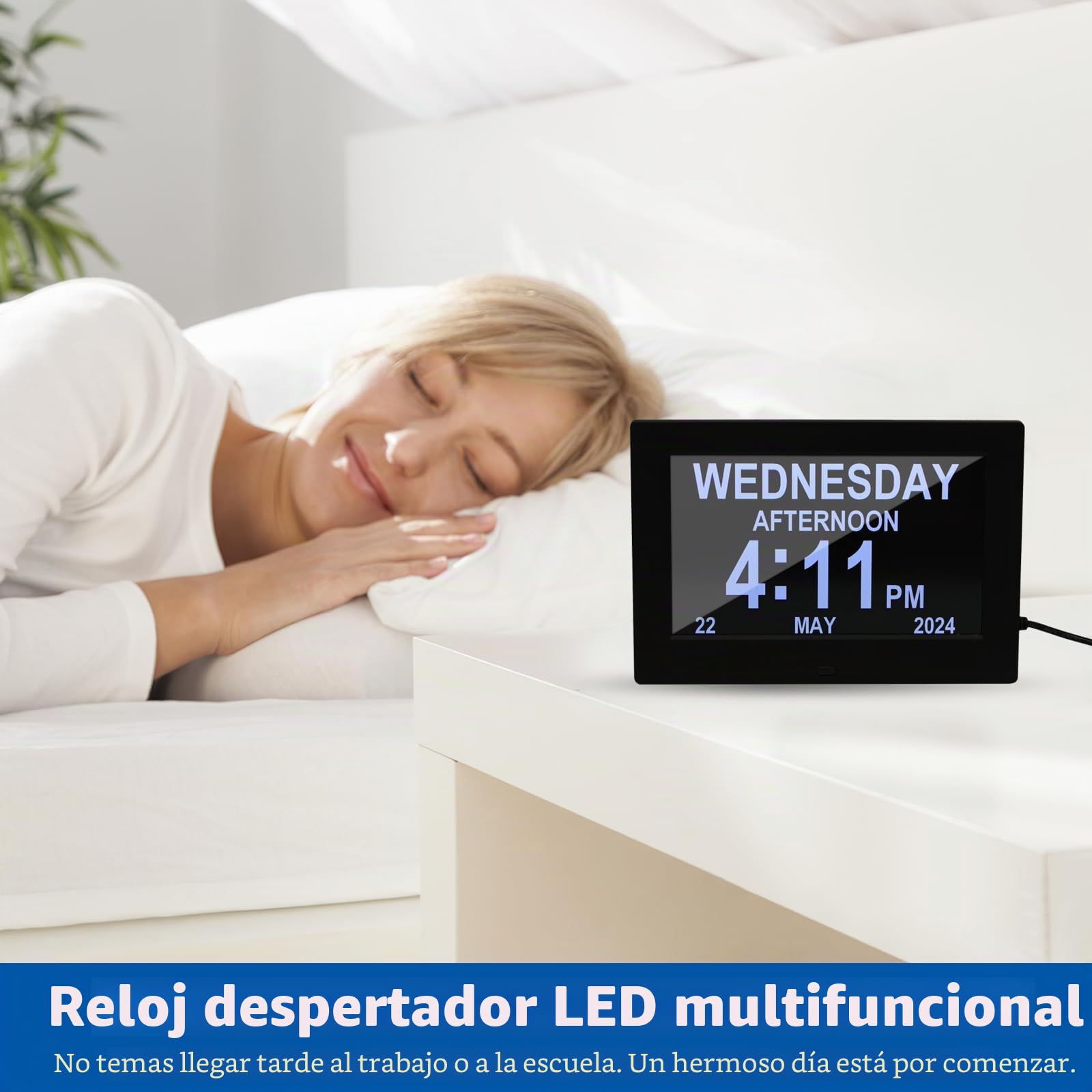 ALLOMN Gran reloj digital con calendario de día, reloj de 7 pulgadas con día y fecha para personas mayores, reloj de Alzheimer con 12 opciones de alarma para personas mayores, personas con