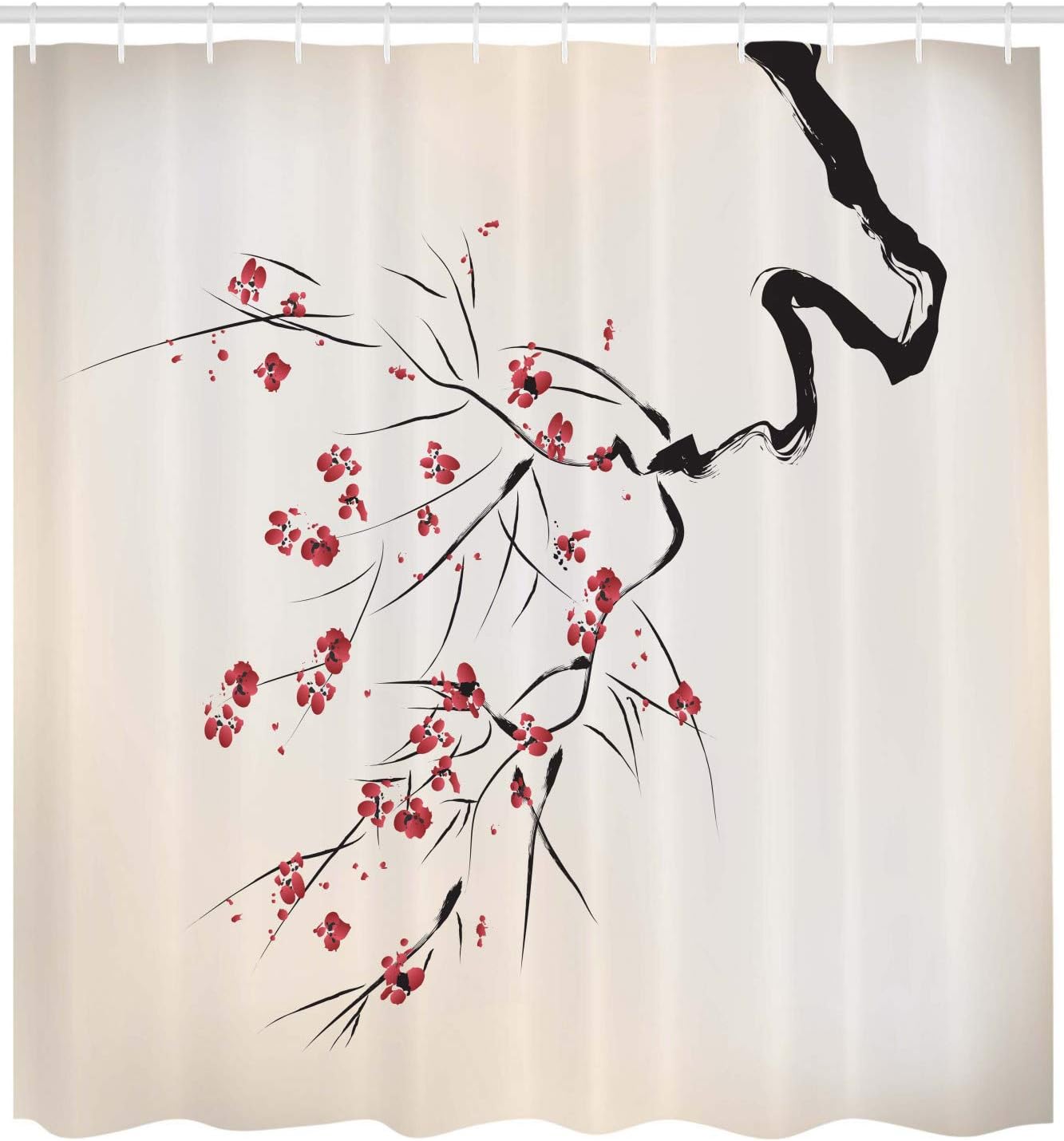 Ambesonne Asian Shower Curtain, Ink Style Blossoms Upside Down Brush Painting Effect Illustration, Cloth Fabric Bathroom Decor Set with Hooks, 69" W x 70" L, Beige Black