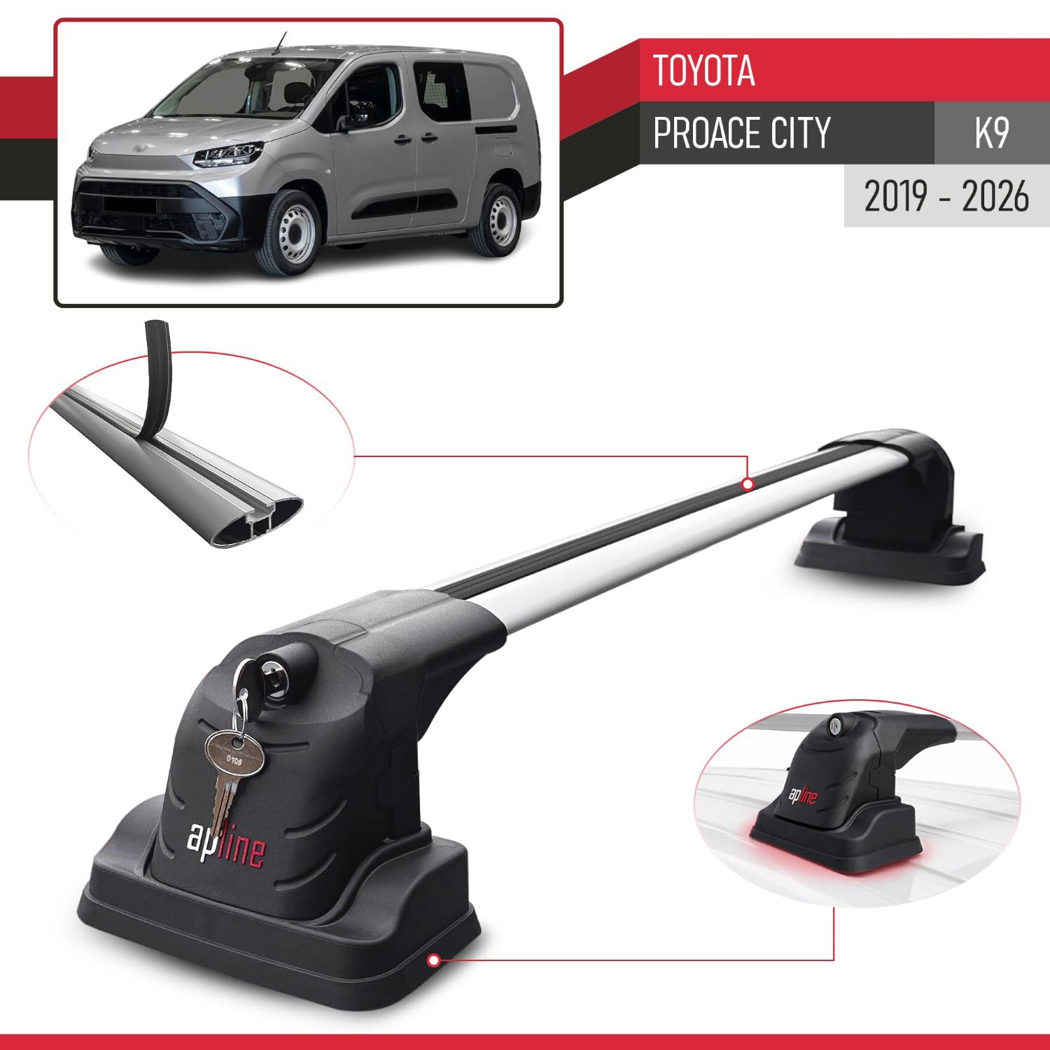 Kompatybilny z Compatible with Toyota Proace City 2019-2026 ACE-3 Model Aluminiowy bagażnik dachowy 2 poprzeczki, szary