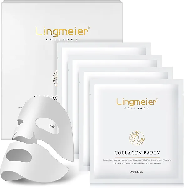 Lingmeier Collagen Face Mask - 80,000ppm Marine Hydrolyzed Collagen & Hyaluronic Acid | Overnight Hydration Gel Sheet for Deep Moisture | Gentle Formula, Safe for Sensitive Skin